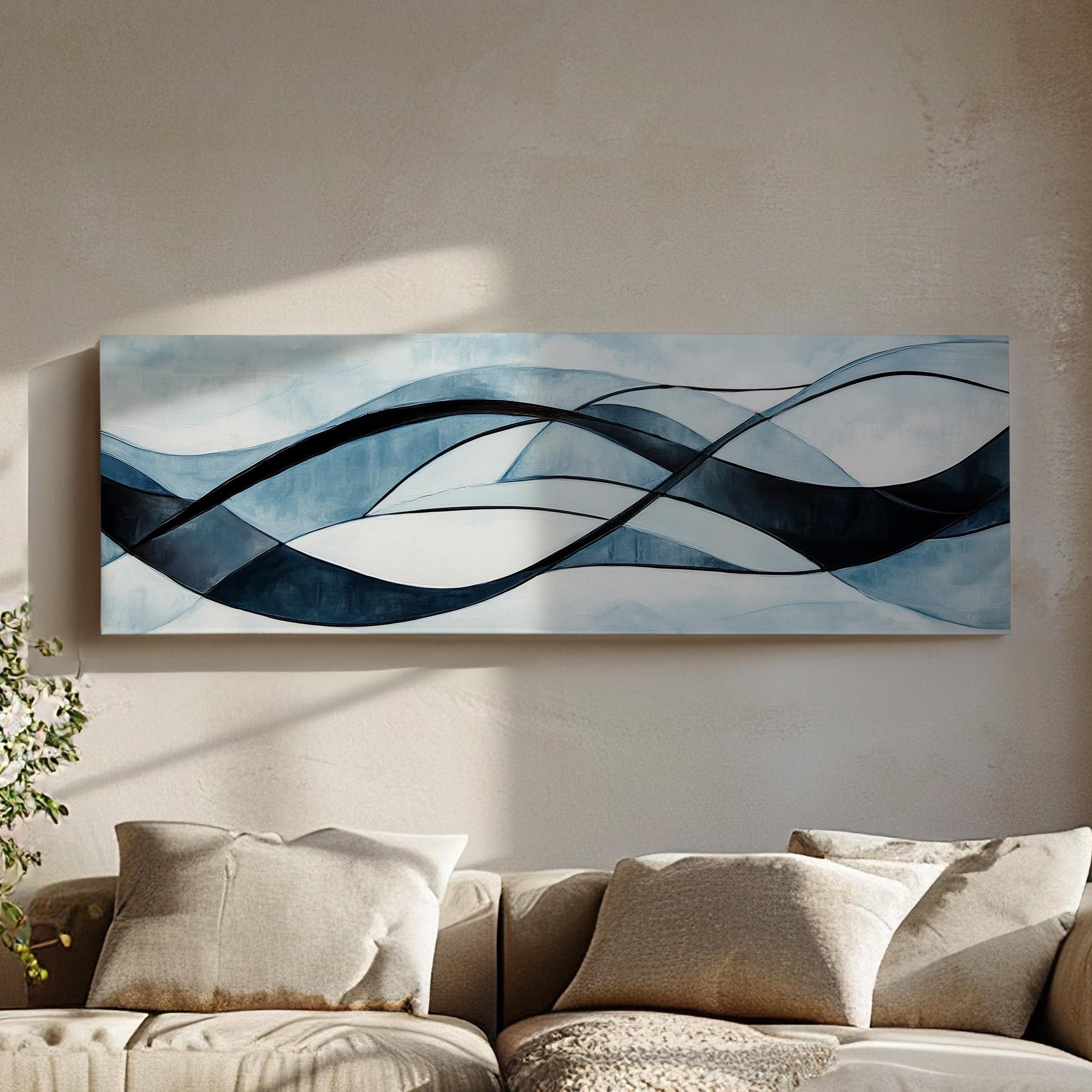 Serene Flow Canvas Art | Abstract Expressionist Print | Biophilic Wall Art For Living Room | Celestial Blue Art Panoramic Wall Art