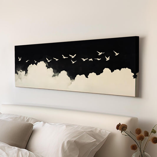 Serene Flight Flock Canvas Art | Monochromatic Watercolor Print | Tranquil Zen Wall Art For Above Couch Panoramic Wall Art