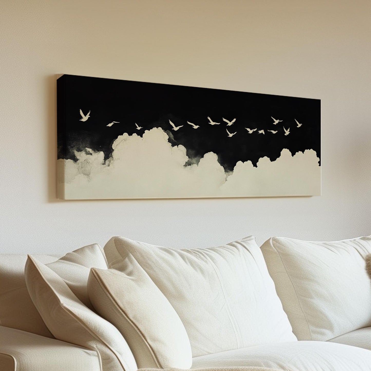 Serene Flight Flock Canvas Art | Monochromatic Watercolor Print | Tranquil Zen Wall Art For Above Couch Panoramic Wall Art