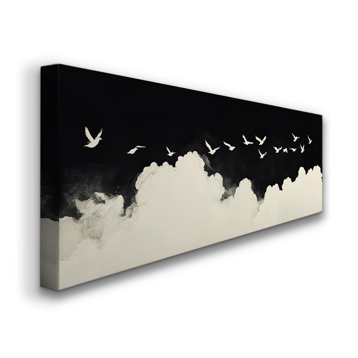 Serene Flight Flock Canvas Art | Monochromatic Watercolor Print | Tranquil Zen Wall Art For Above Couch Panoramic Wall Art