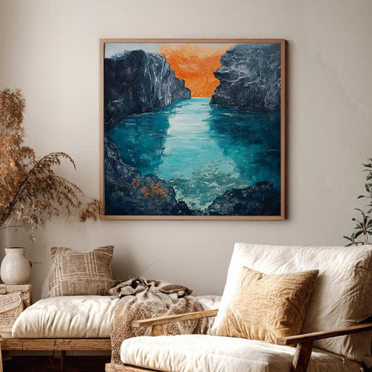 Serene Fjord Canvas Art | Impasto Palette Knife Print | Coastal Bohemian Wall Art For Living Room | Cerulean Lagoon Art Square Canvas Art