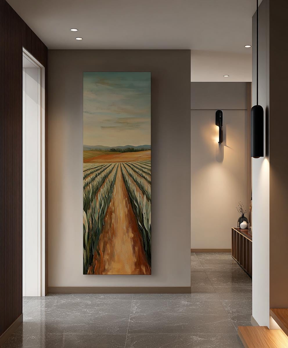 Serene Field Path Canvas Art | Impasto Impressionism Print | Transitional Wall Art For Living Room Long Vertical Art