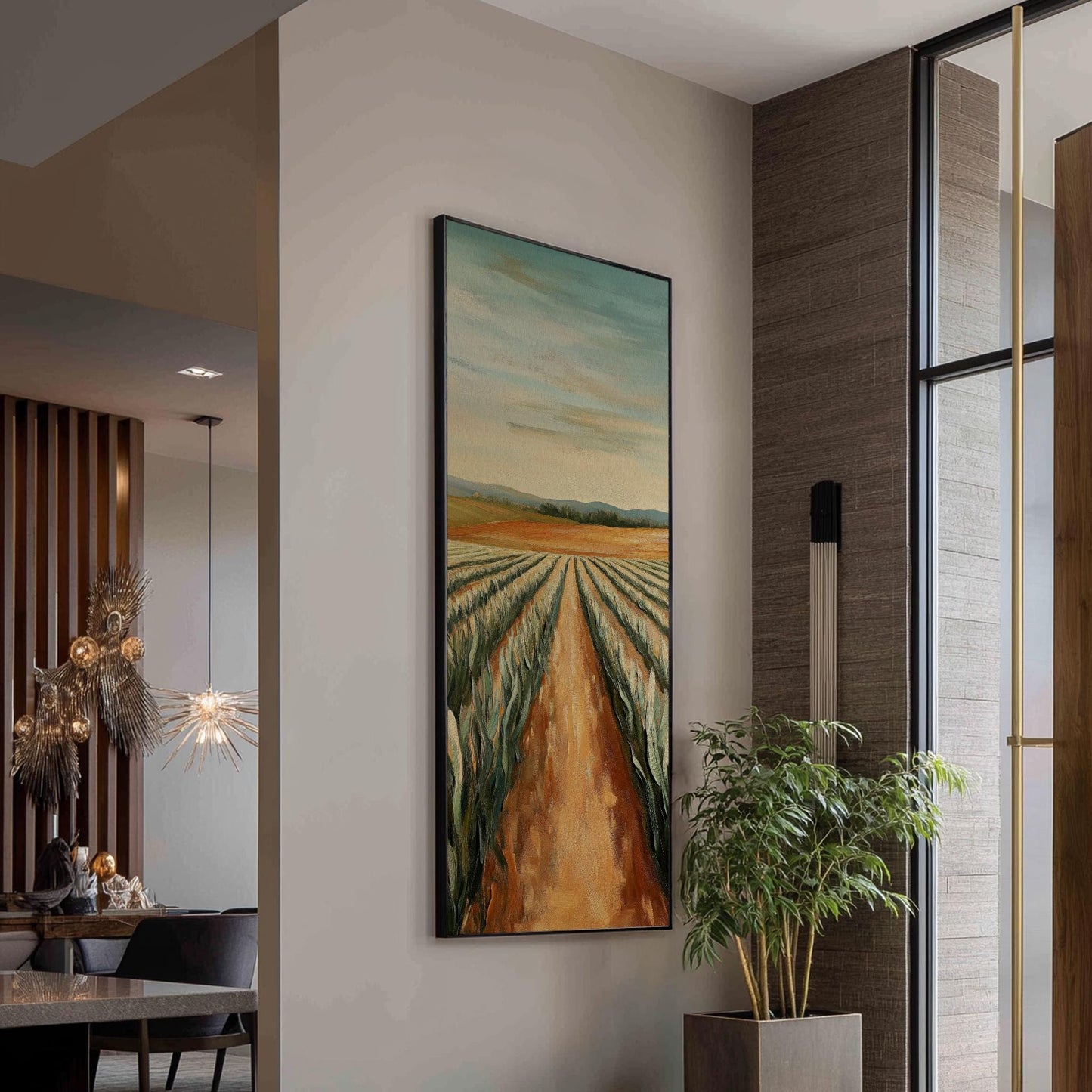 Serene Field Path Canvas Art | Impasto Impressionism Print | Transitional Wall Art For Living Room Long Vertical Art