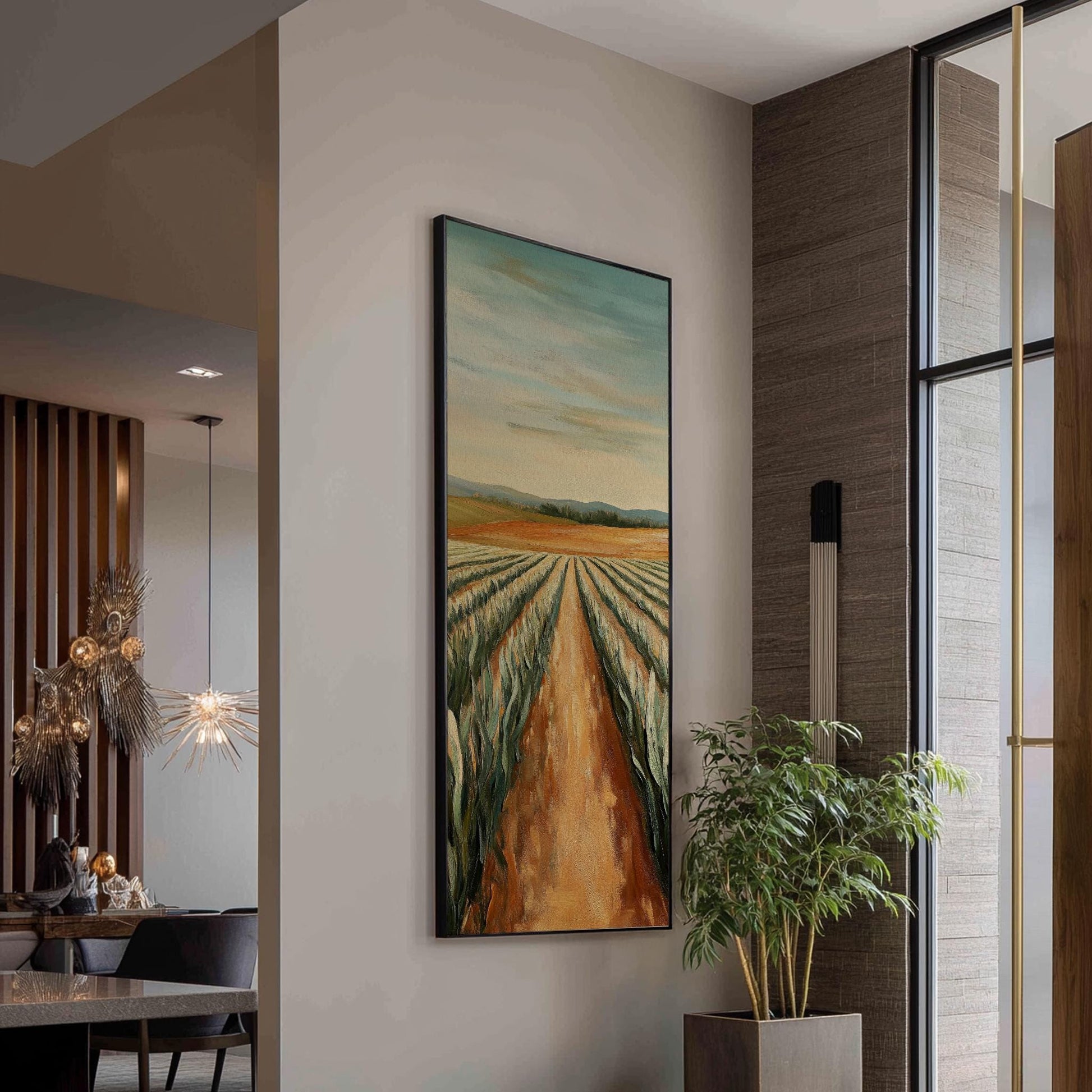 Serene Field Path Canvas Art | Impasto Impressionism Print | Transitional Wall Art For Living Room Long Vertical Art