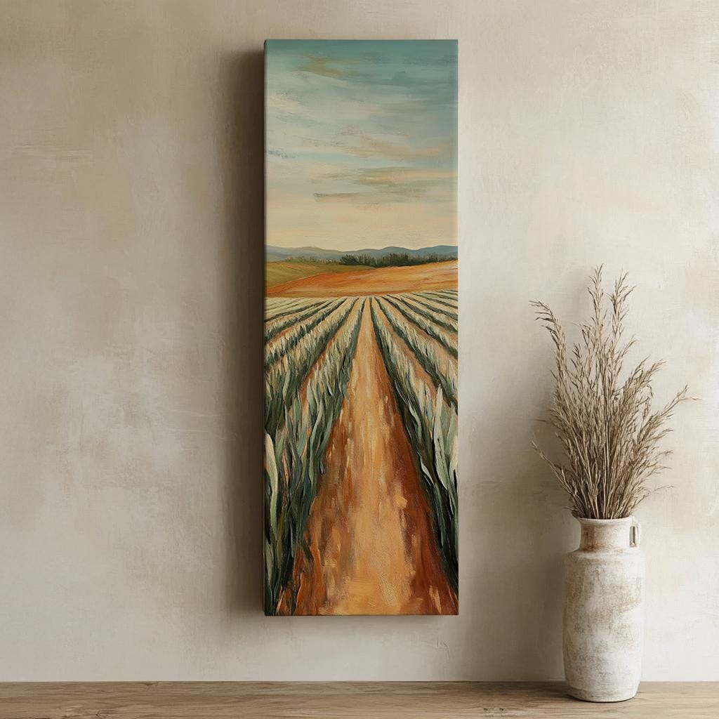 Serene Field Path Canvas Art | Impasto Impressionism Print | Transitional Wall Art For Living Room Long Vertical Art