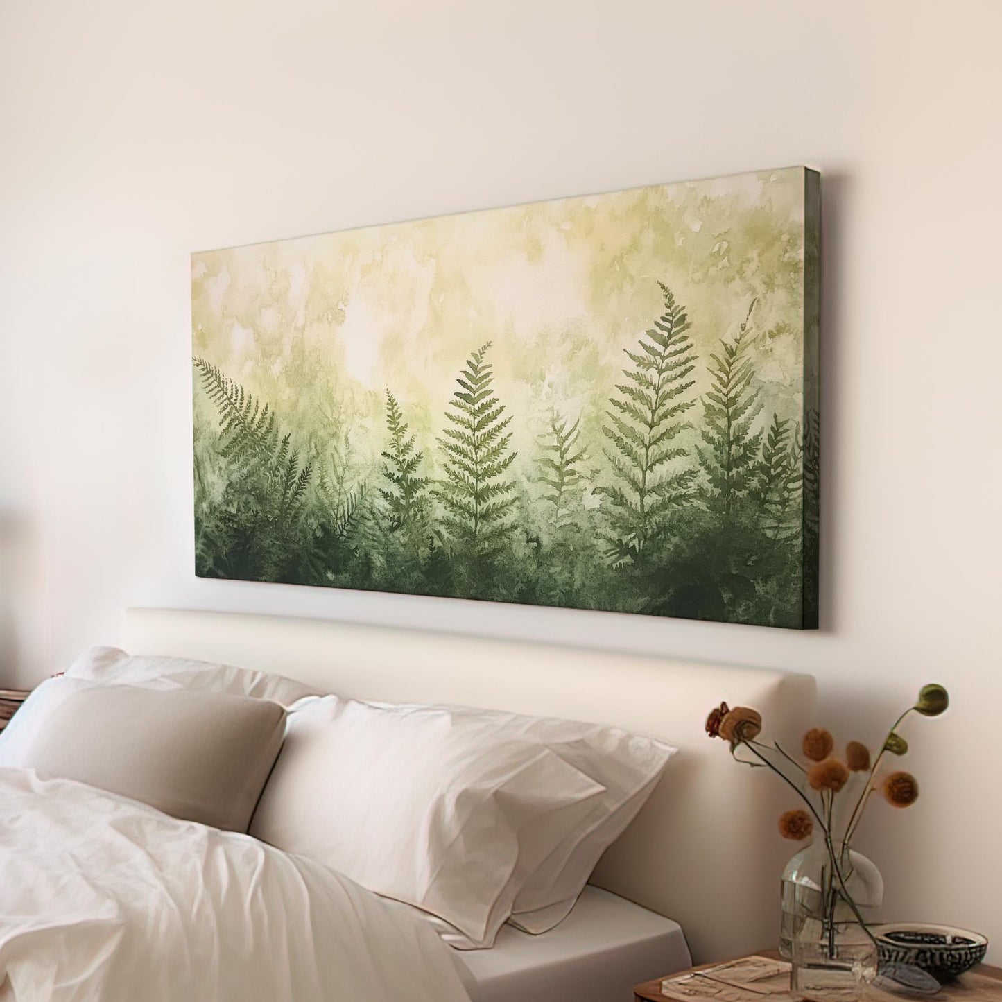 Serene Fern Grove Canvas Art | Watercolor Botanical Print | Biophilic Wall Art For Living Room | Sage Green Botanical Art Horizontal Art