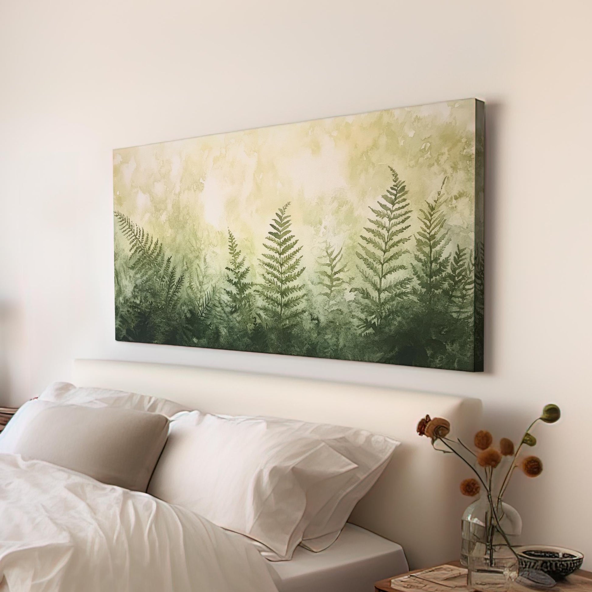 Serene Fern Grove Canvas Art | Watercolor Botanical Print | Biophilic Wall Art For Living Room | Sage Green Botanical Art Horizontal Art