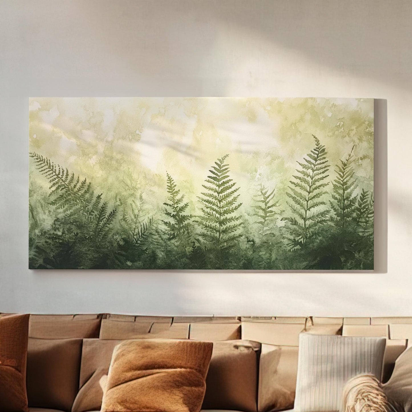 Serene Fern Grove Canvas Art | Watercolor Botanical Print | Biophilic Wall Art For Living Room | Sage Green Botanical Art Horizontal Art