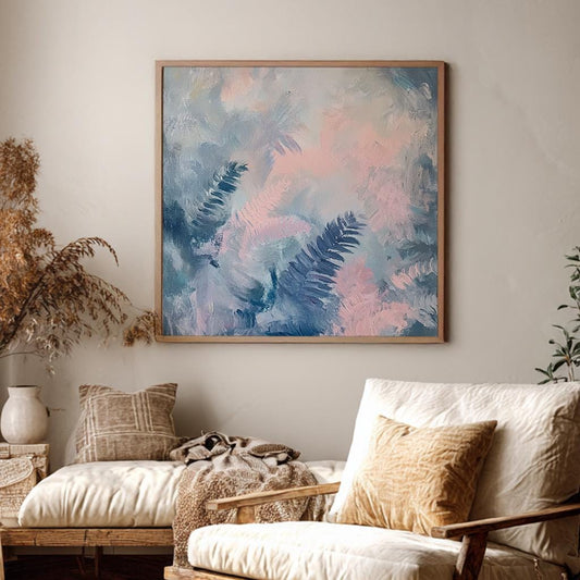 Serene Fern Canvas Art | Impasto Textural Print | Tranquil Spa Wall Art For Bedroom | Blush Pink Silver Sage Art Square Canvas Art