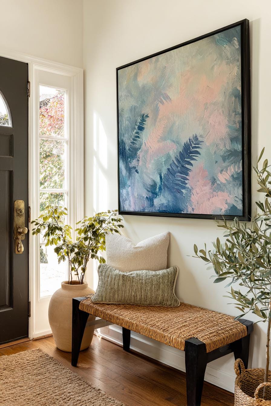 Serene Fern Canvas Art | Impasto Textural Print | Tranquil Spa Wall Art For Bedroom | Blush Pink Silver Sage Art Square Canvas Art