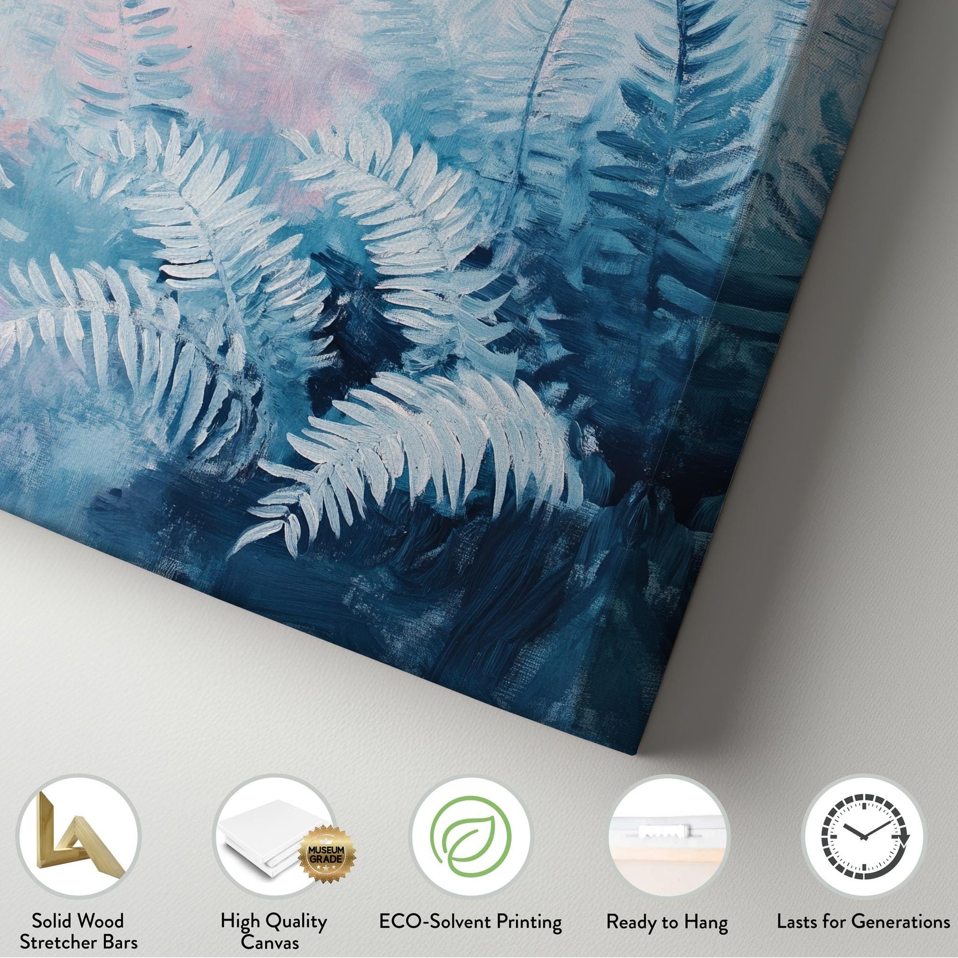 Serene Fern Canvas Art | Impasto Print | Bohemian Wall Art For Living Room | Blush Pink Steel Blue Art | Tranquil Home Decor Vertical Canvas