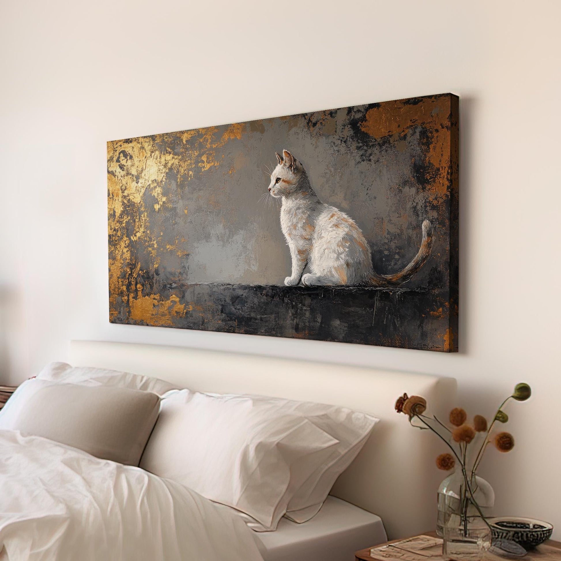 Serene Feline Canvas Art | Palette Knife Impasto Print | Transitional Wall Art For Living Room | Champagne Gold Grey Art Horizontal Art