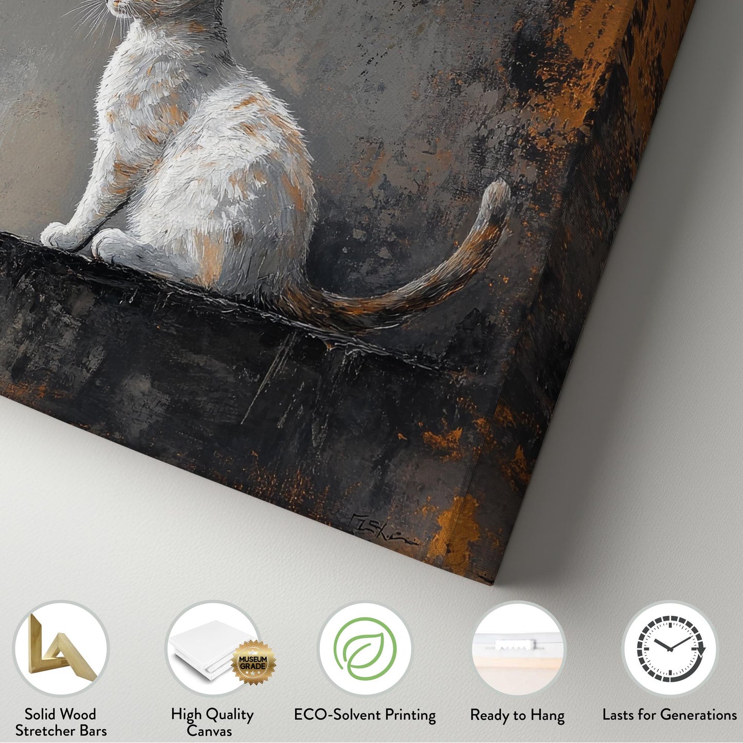 Serene Feline Canvas Art | Palette Knife Impasto Print | Transitional Wall Art For Living Room | Champagne Gold Grey Art Horizontal Art