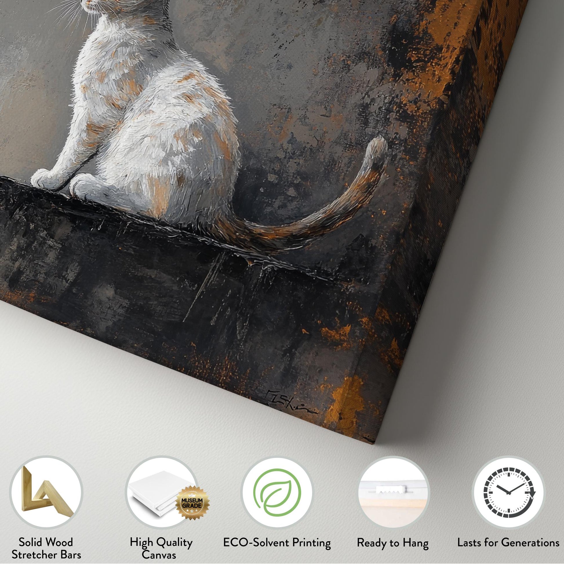 Serene Feline Canvas Art | Palette Knife Impasto Print | Transitional Wall Art For Living Room | Champagne Gold Grey Art Horizontal Art