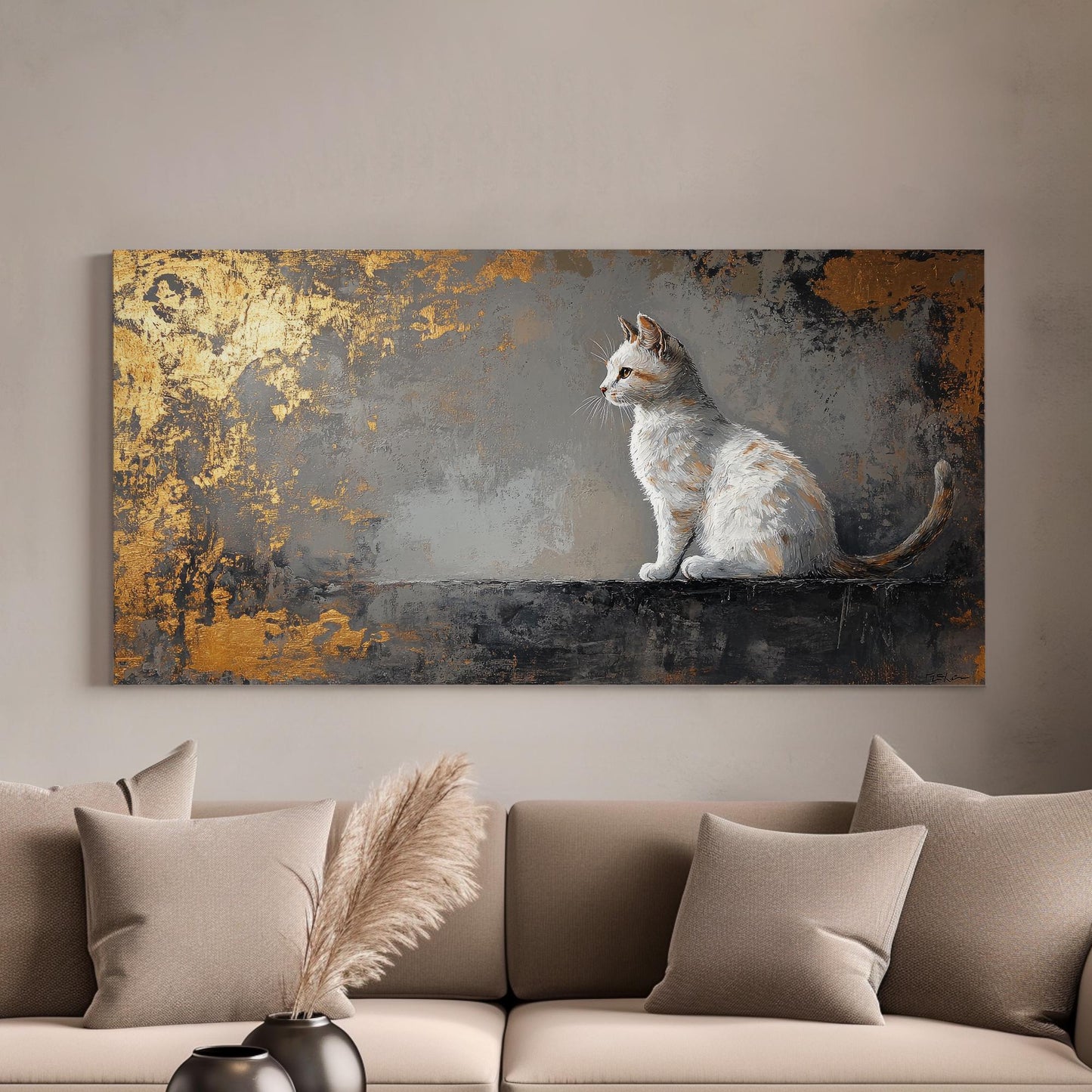 Serene Feline Canvas Art | Palette Knife Impasto Print | Transitional Wall Art For Living Room | Champagne Gold Grey Art Horizontal Art