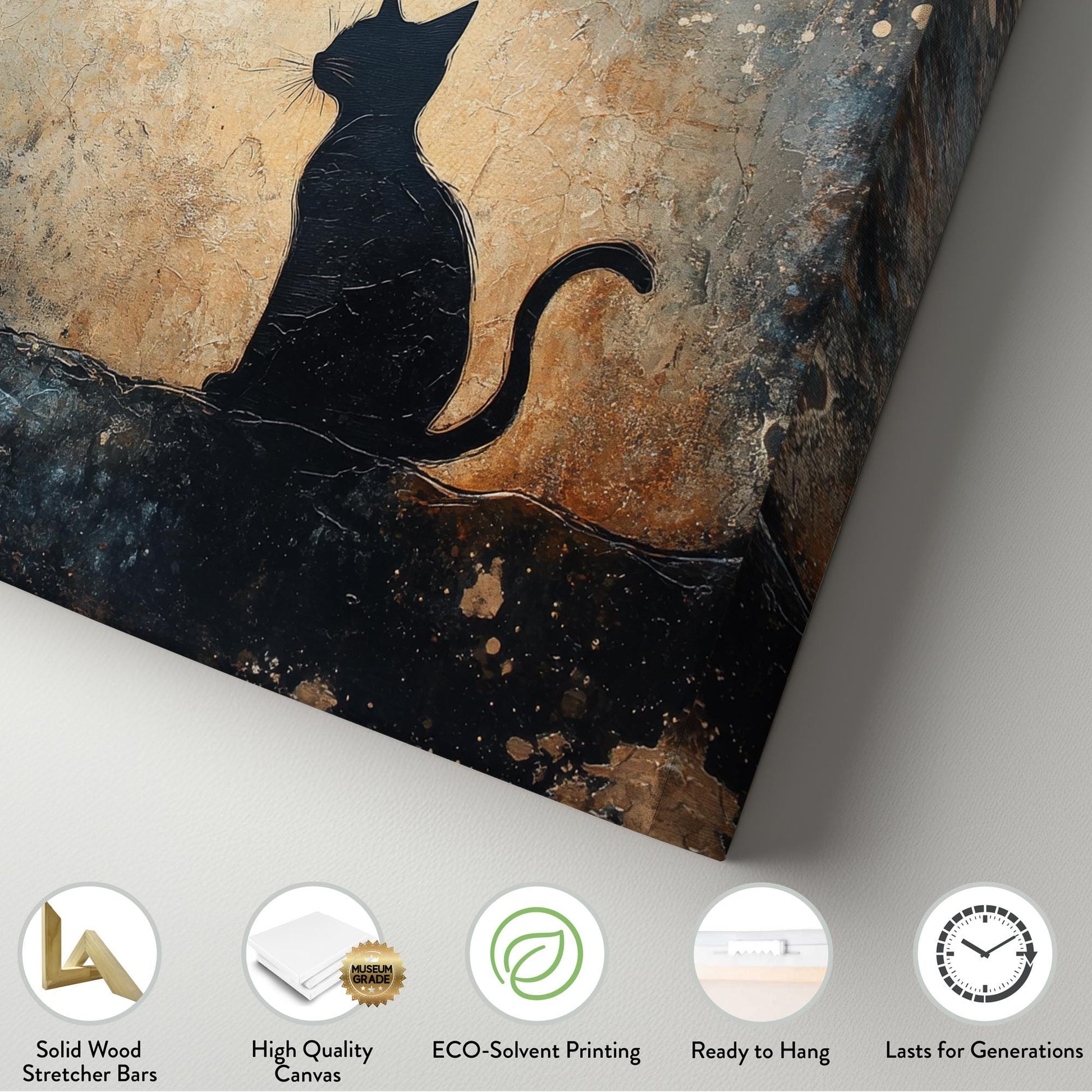 Serene Feline Canvas Art | Impasto Texture Print | Bohemian Wall Art For Living Room | Twilight Gold Art Horizontal Art