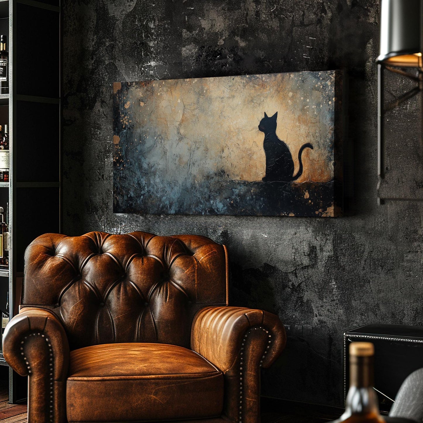 Serene Feline Canvas Art | Impasto Texture Print | Bohemian Wall Art For Living Room | Twilight Gold Art Horizontal Art