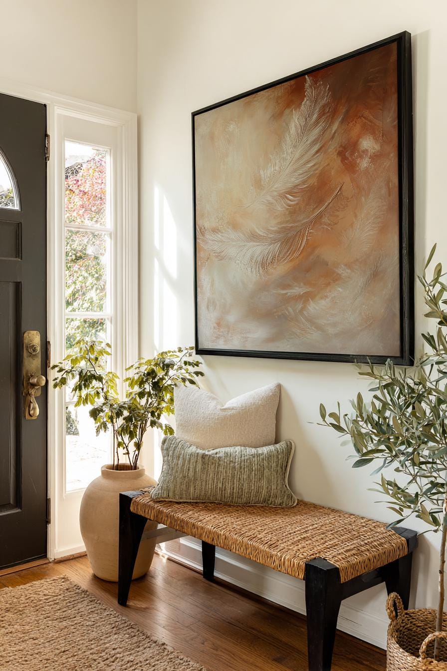 Serene Feather Canvas Art | Impasto Texture Print | Bohemian Wall Art For Bedroom | Blush Pink Clay Art Square Canvas Art