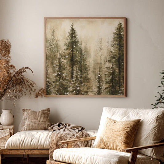 Serene Evergreen Forest Canvas Art | Impressionistic Gicle Print | Tranquil Spa Wall Art For Living Room Square Canvas Art