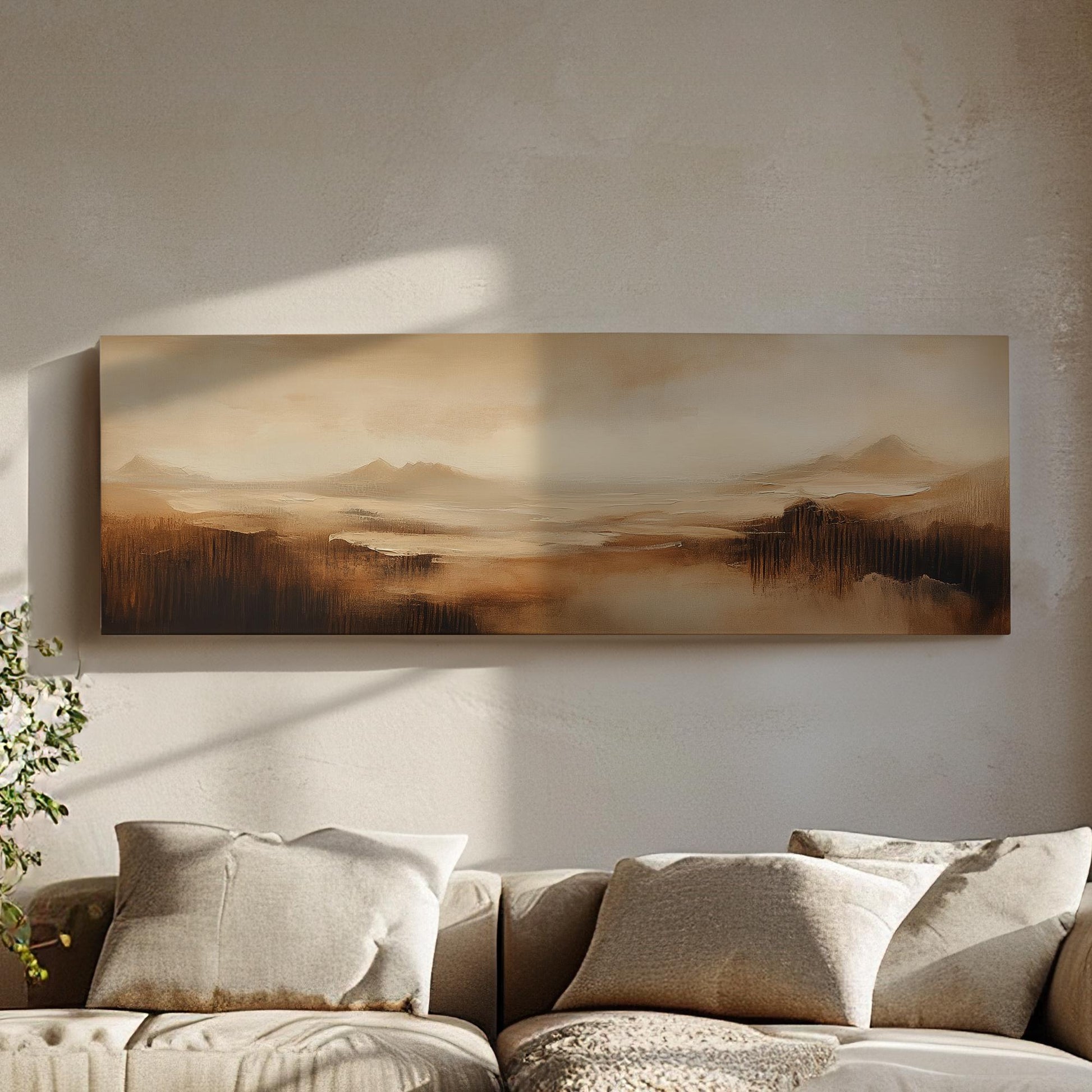 Serene Desert Landscape Canvas Art | Impasto Painting Print | Minimalist Wall Art For Living Room Panoramic Wall Art