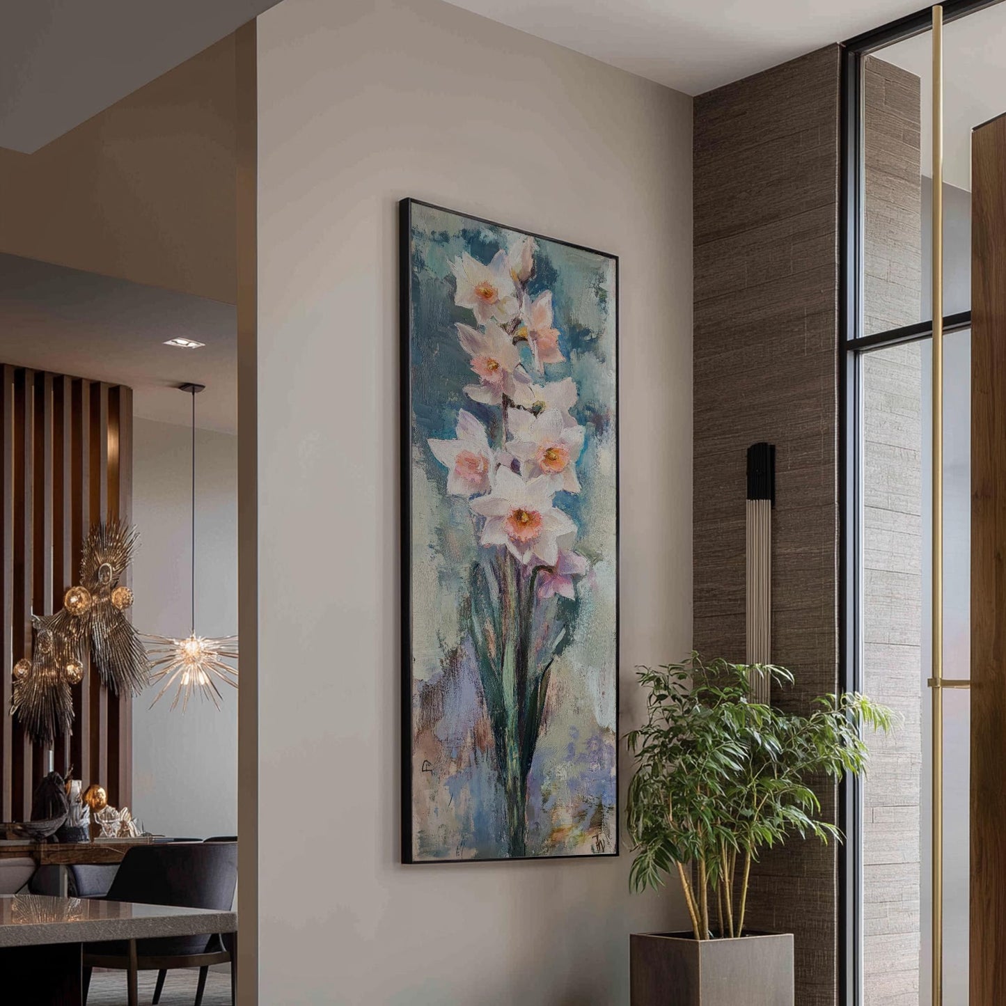 Serene Daffodils Canvas Art | Impasto Floral Print | Bohemian Wall Art For Living Room | Blush Pink Seafoam Art Long Vertical Art