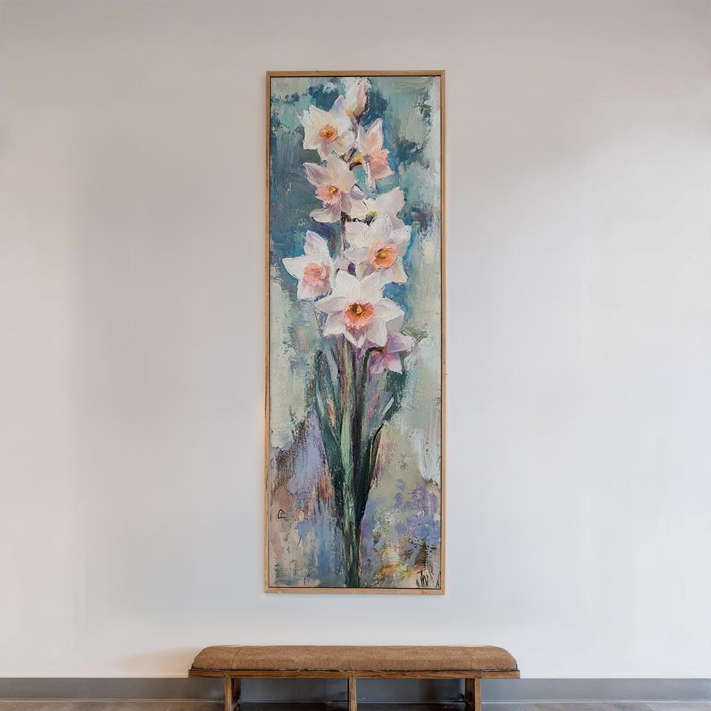 Serene Daffodils Canvas Art | Impasto Floral Print | Bohemian Wall Art For Living Room | Blush Pink Seafoam Art Long Vertical Art