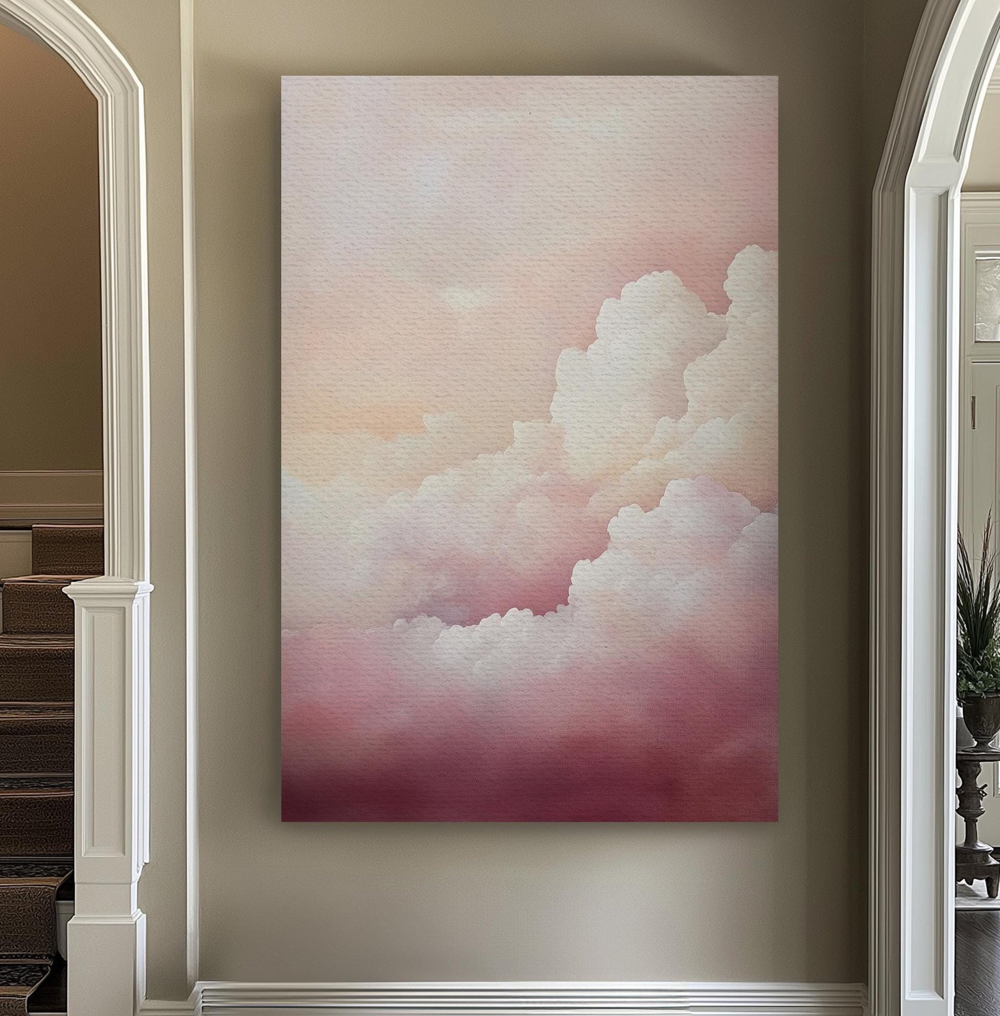 Serene Cloudscape Canvas Art | Impressionistic Cloud Print | Bohemian Wall Art For Bedroom | Rose Quartz Art Vertical Canvas