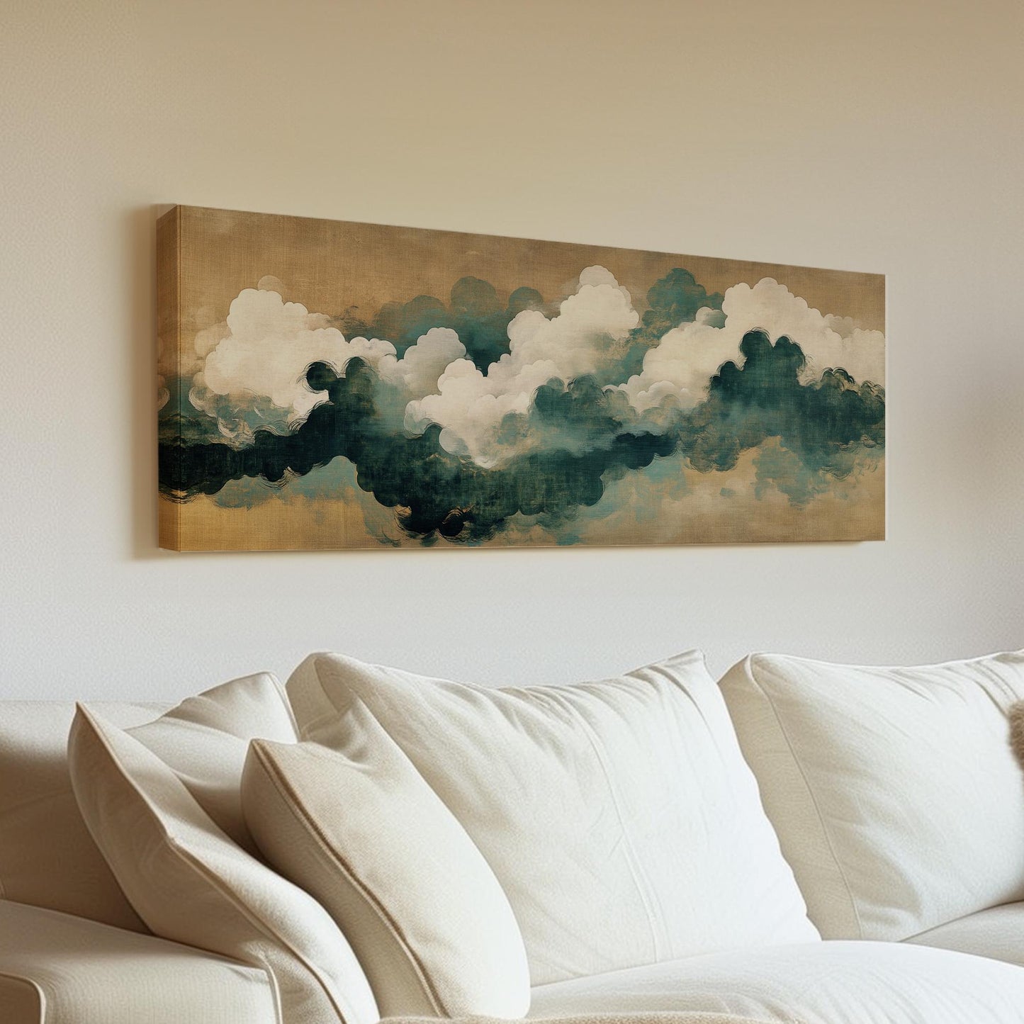 Serene Cloudscape Canvas Art | Impasto Brushstroke Print | Tranquil Zen Wall Art For Living Room | Sand Dune Seafoam Art Panoramic Wall Art