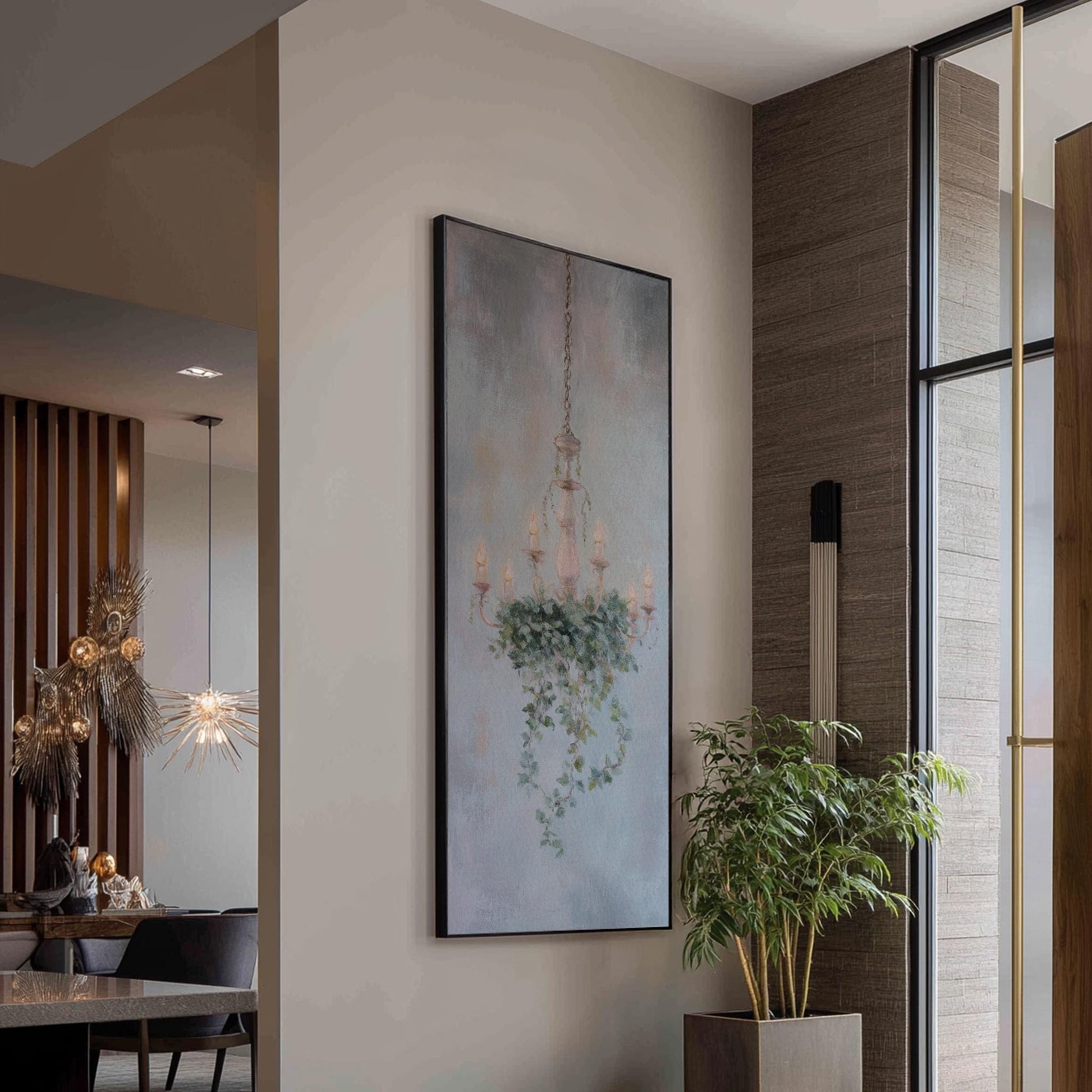 Serene Chandelier Canvas Art | Impasto Botanical Print | French Country Wall Art For Living Room | Silverleaf Sage Art Long Vertical Art