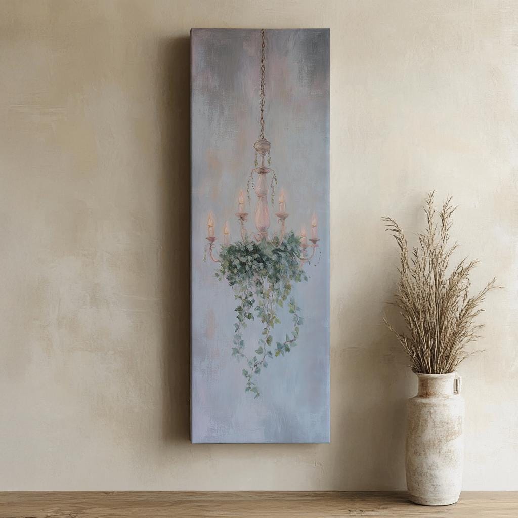 Serene Chandelier Canvas Art | Impasto Botanical Print | French Country Wall Art For Living Room | Silverleaf Sage Art Long Vertical Art