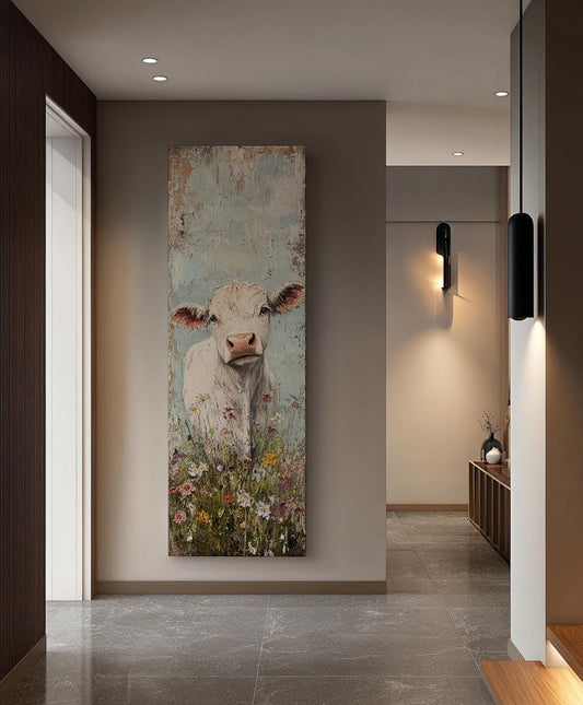 Serene Calf Canvas Art | Impasto Palette Knife Print | Bohemian Farmhouse Wall Art For Living Room Long Vertical Art