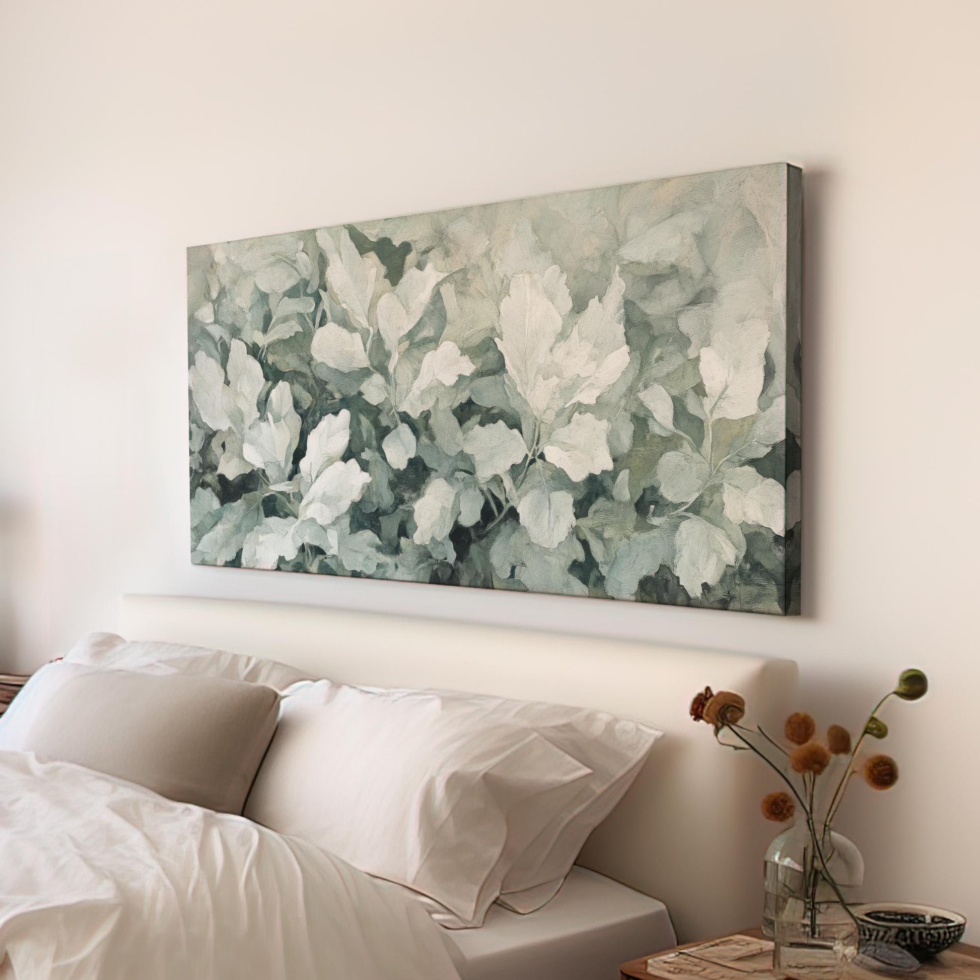 Serene Botanical Canvas Art | Impasto Print | Tranquil Botanical Wall Art For Living Room | Sage Green Art | Modern Zen Decor Horizontal Art