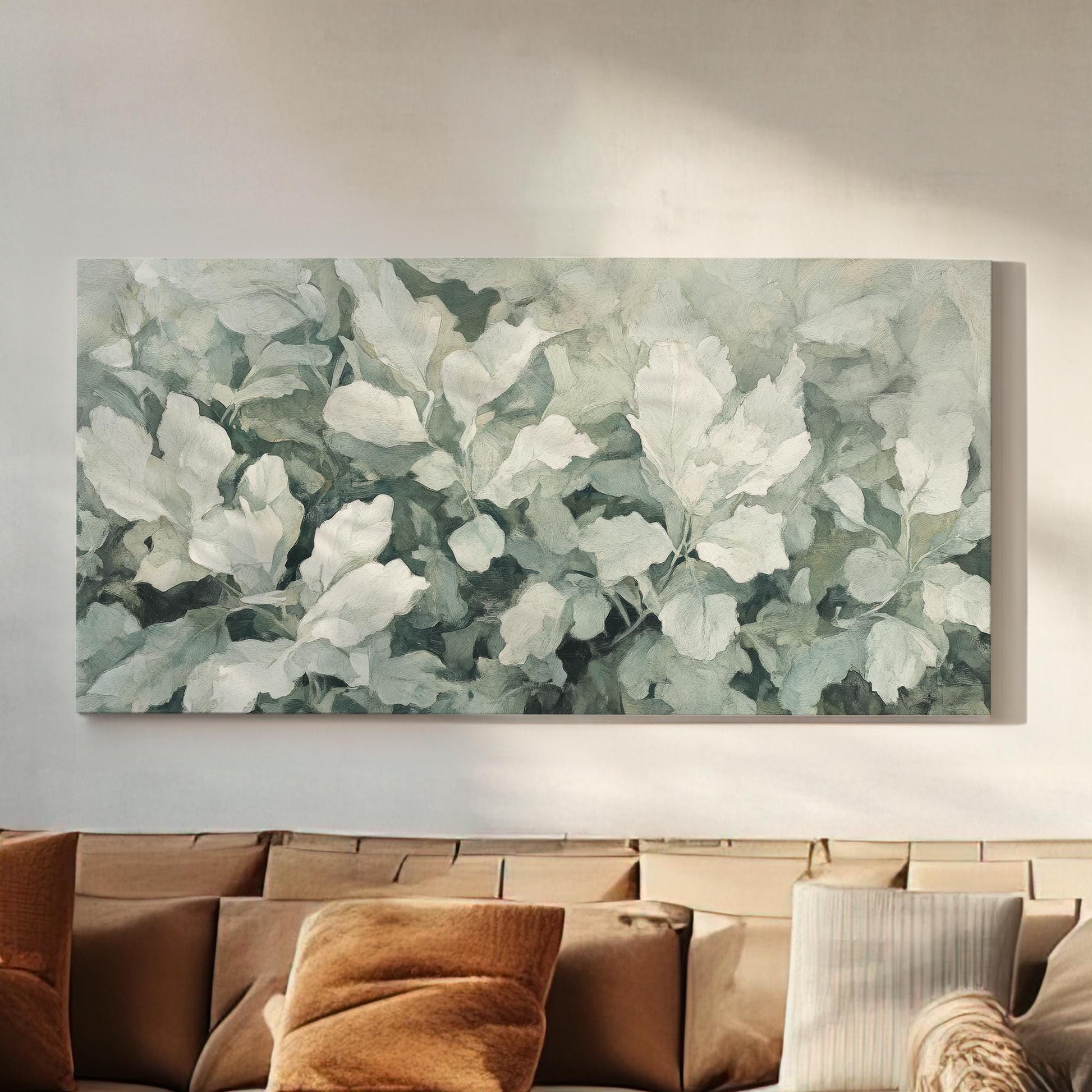 Serene Botanical Canvas Art | Impasto Print | Tranquil Botanical Wall Art For Living Room | Sage Green Art | Modern Zen Decor Horizontal Art