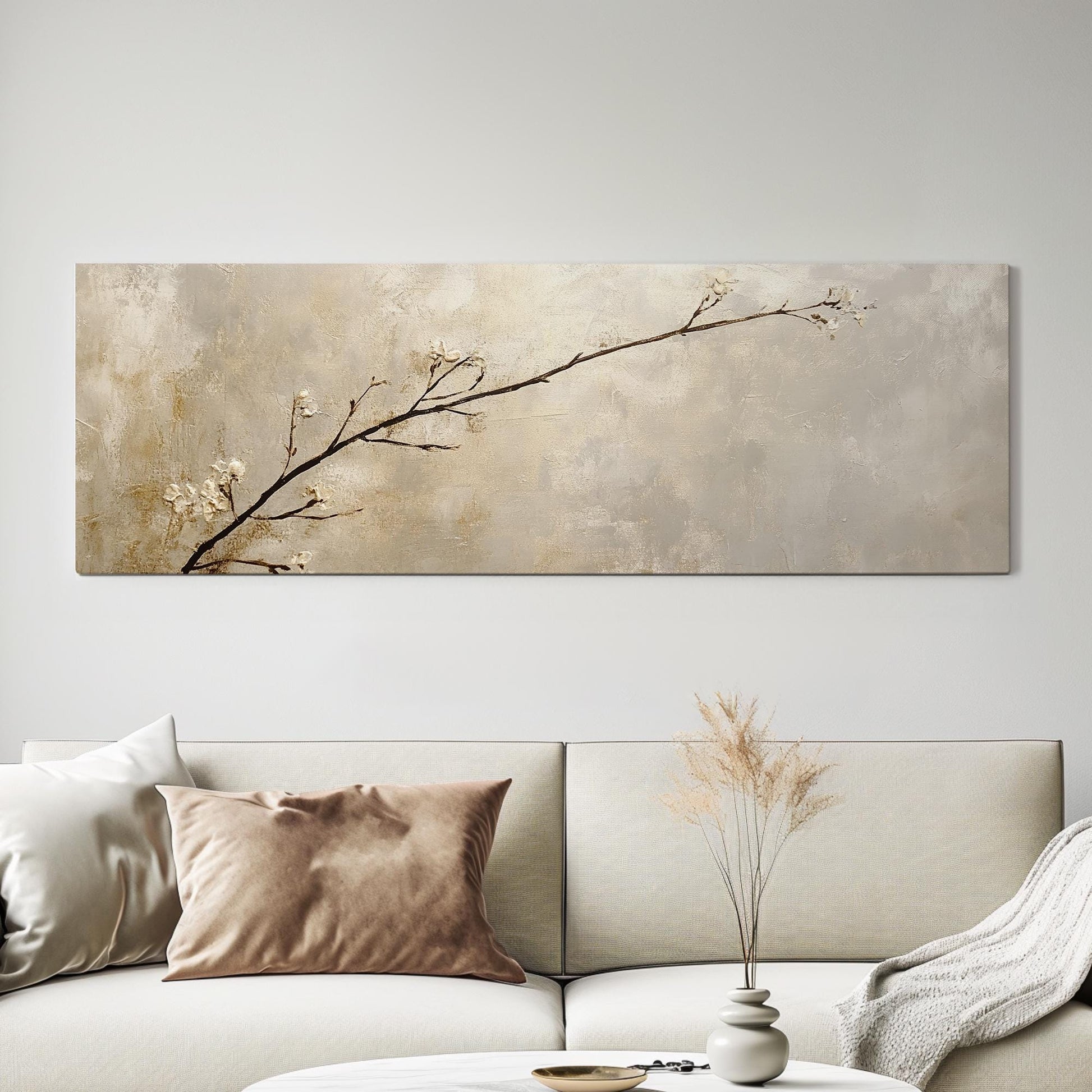 Serene Blossom Canvas Art | Impasto Textural Print | Tranquil Zen Wall Art For Living Room | Champagne Gold Art Panoramic Wall Art