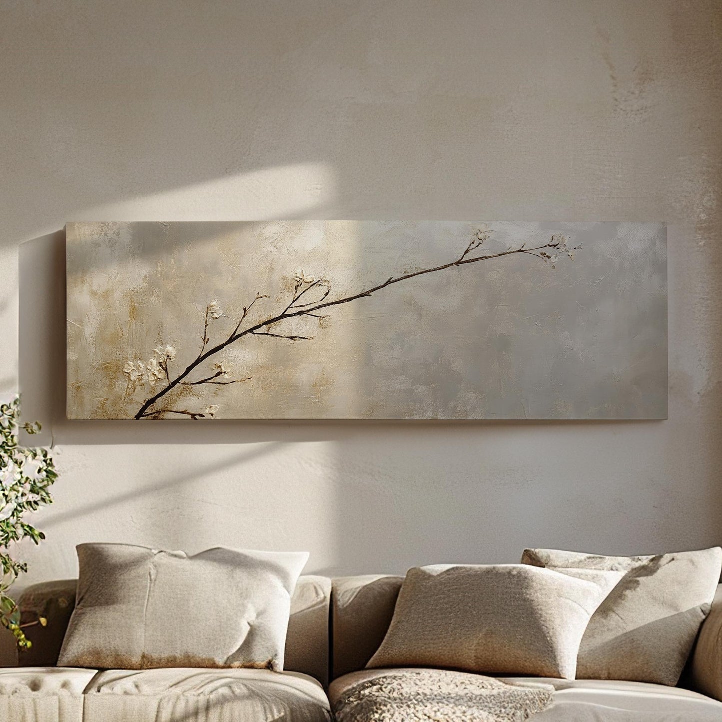 Serene Blossom Canvas Art | Impasto Textural Print | Tranquil Zen Wall Art For Living Room | Champagne Gold Art Panoramic Wall Art