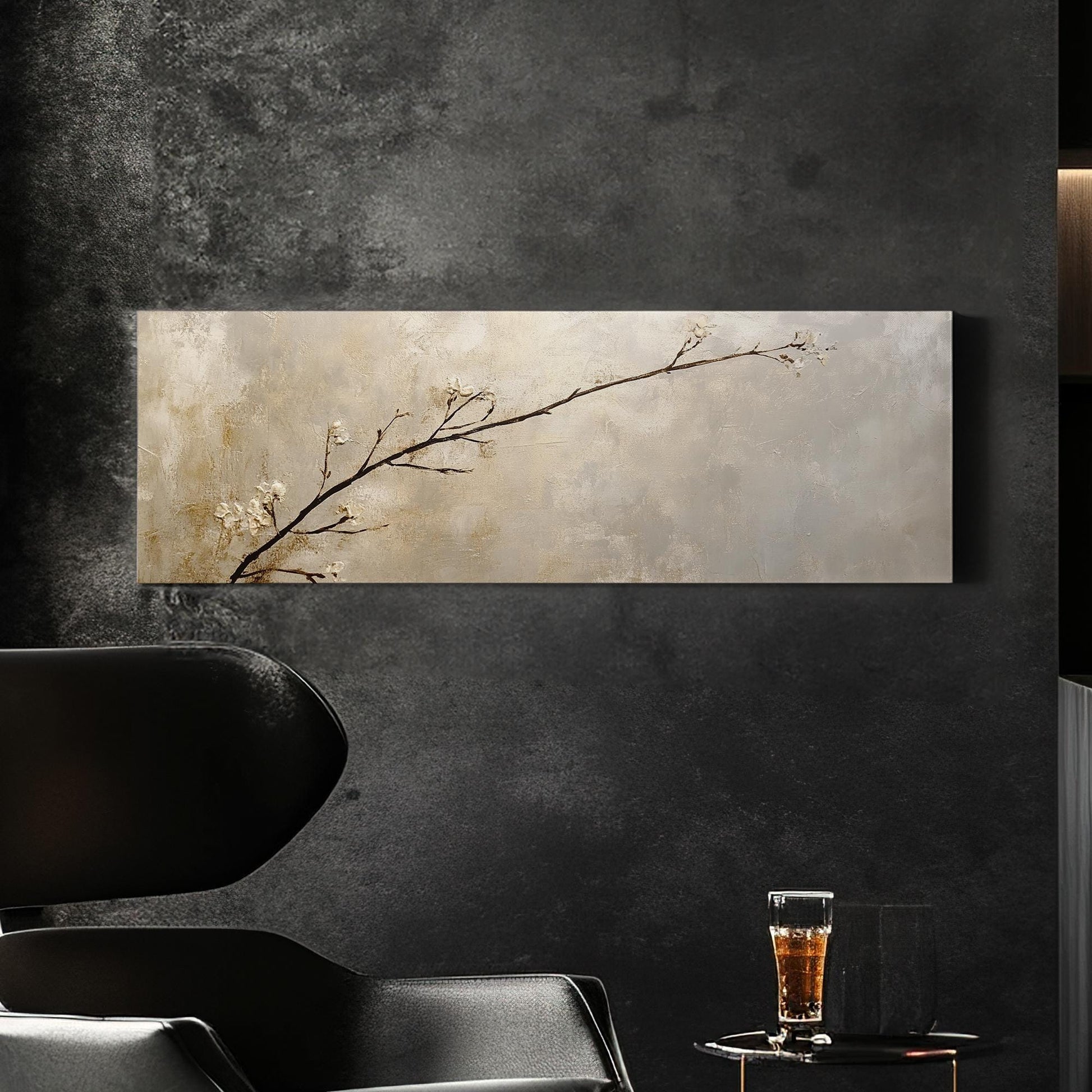 Serene Blossom Canvas Art | Impasto Textural Print | Tranquil Zen Wall Art For Living Room | Champagne Gold Art Panoramic Wall Art