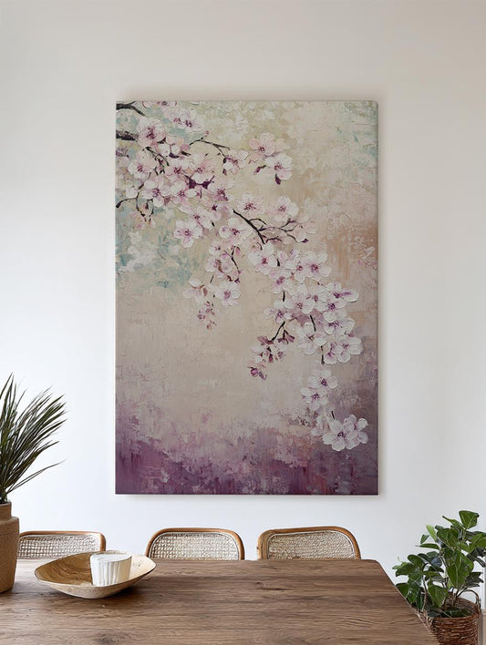 Serene Blossom Canvas Art | Impasto Print | Bohemian Wall Art For Living Room | Blush Pink Art | Tranquil Decor Vertical Canvas