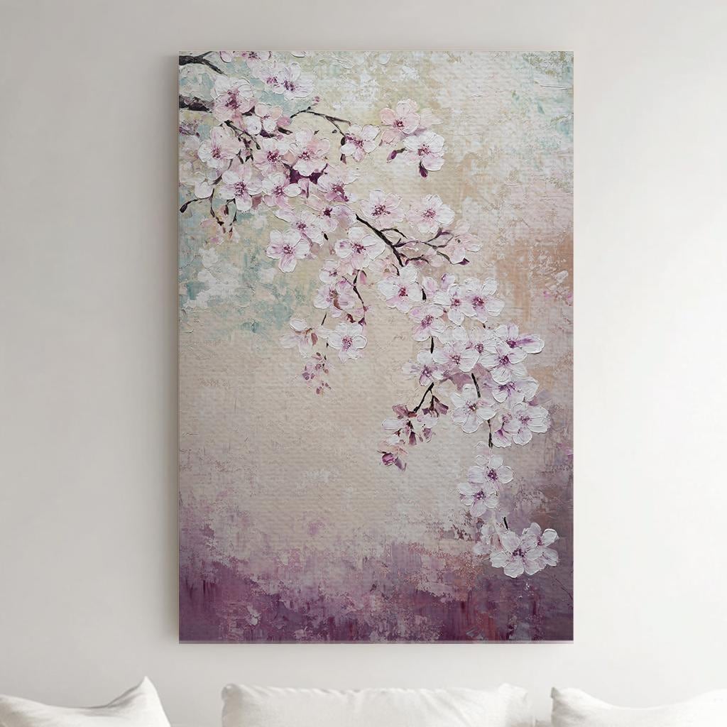 Serene Blossom Canvas Art | Impasto Print | Bohemian Wall Art For Living Room | Blush Pink Art | Tranquil Decor Vertical Canvas