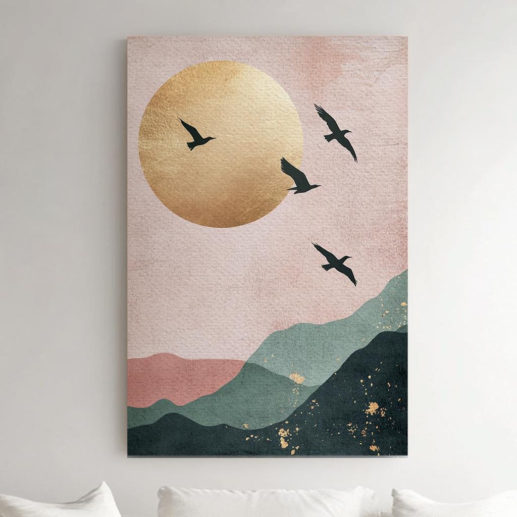 Serene Aviary Canvas Art | Minimalist Silhouette Print | Biophilic Wall Art For Living Room | Blush Pink Champagne Gold Art Vertical Canvas