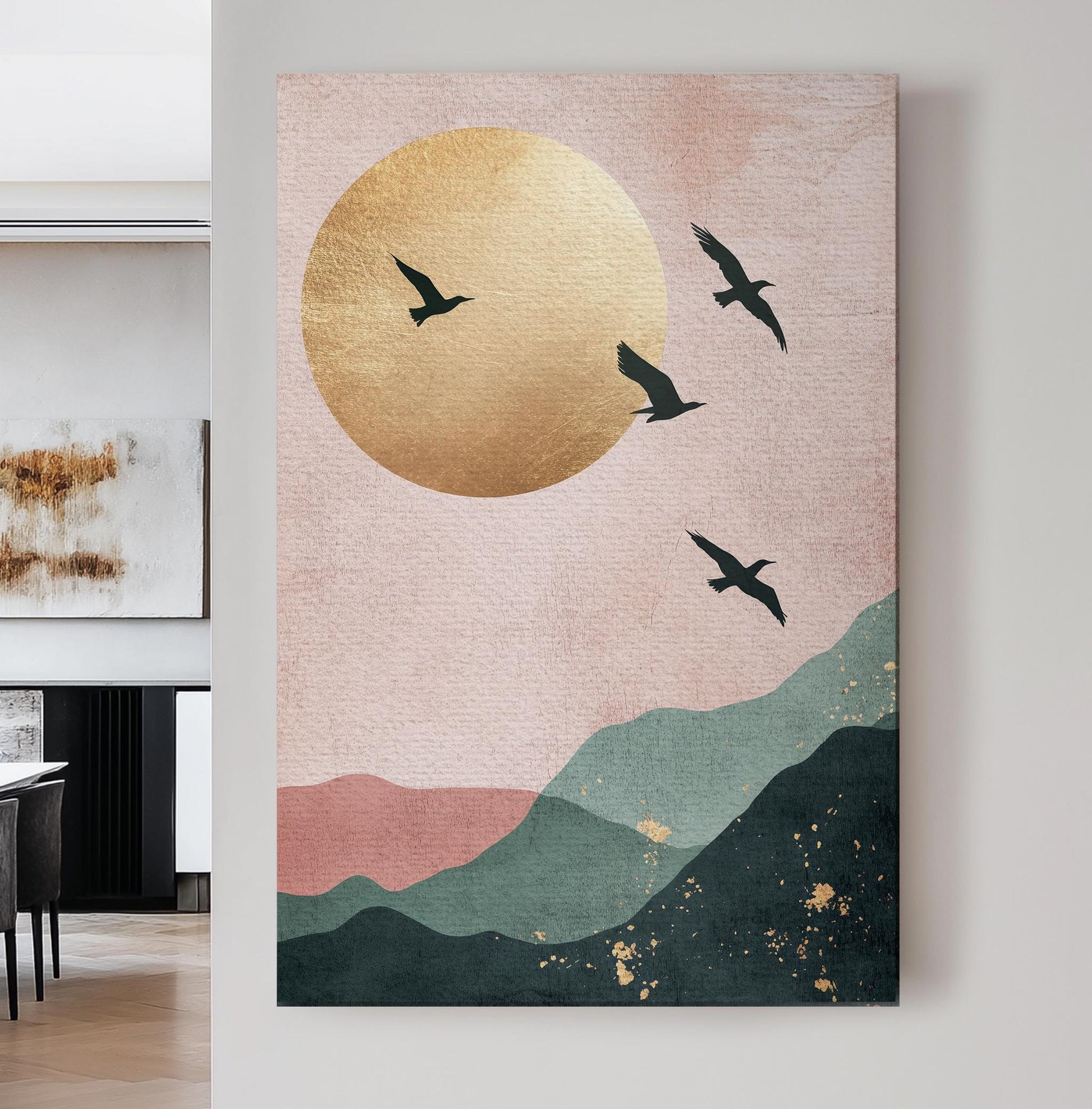Serene Aviary Canvas Art | Minimalist Silhouette Print | Biophilic Wall Art For Living Room | Blush Pink Champagne Gold Art Vertical Canvas