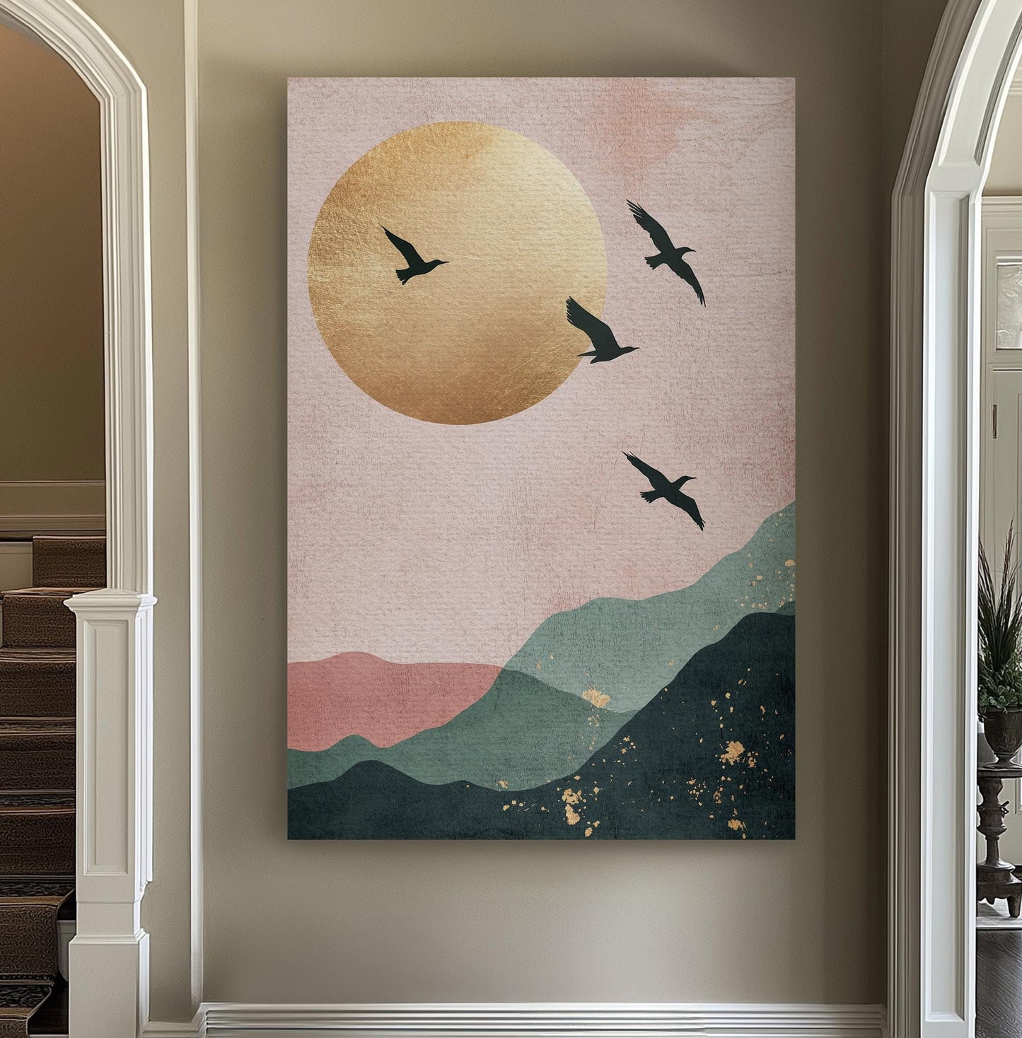 Serene Aviary Canvas Art | Minimalist Silhouette Print | Biophilic Wall Art For Living Room | Blush Pink Champagne Gold Art Vertical Canvas