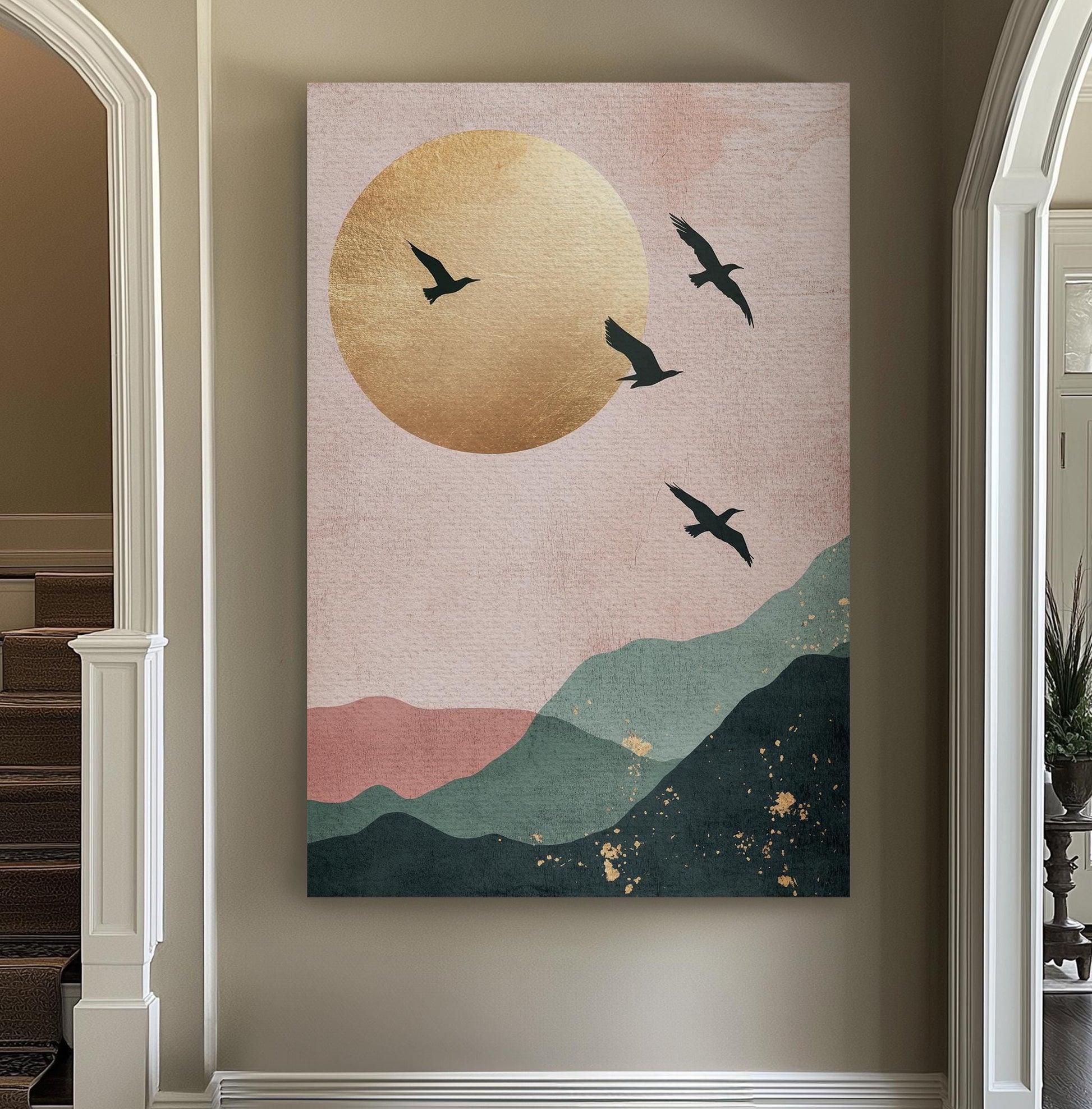 Serene Aviary Canvas Art | Minimalist Silhouette Print | Biophilic Wall Art For Living Room | Blush Pink Champagne Gold Art Vertical Canvas