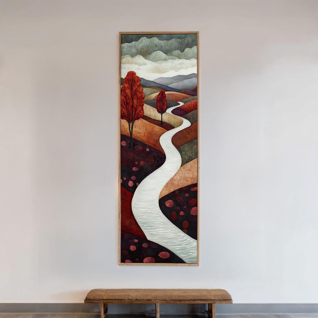 Serene Autumnal Path Canvas Art | Impasto Print | Mid Century Modern Wall Art For Living Room | Dusty Rose and Redwood Art Long Vertical Art