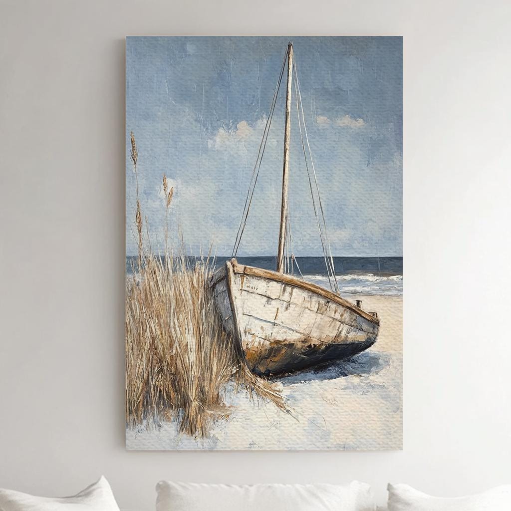 Seashore Boat Canvas Art | Impasto Textural Print | Coastal Farmhouse Wall Art For Living Room | Driftwood Grey Art Vertical Canvas