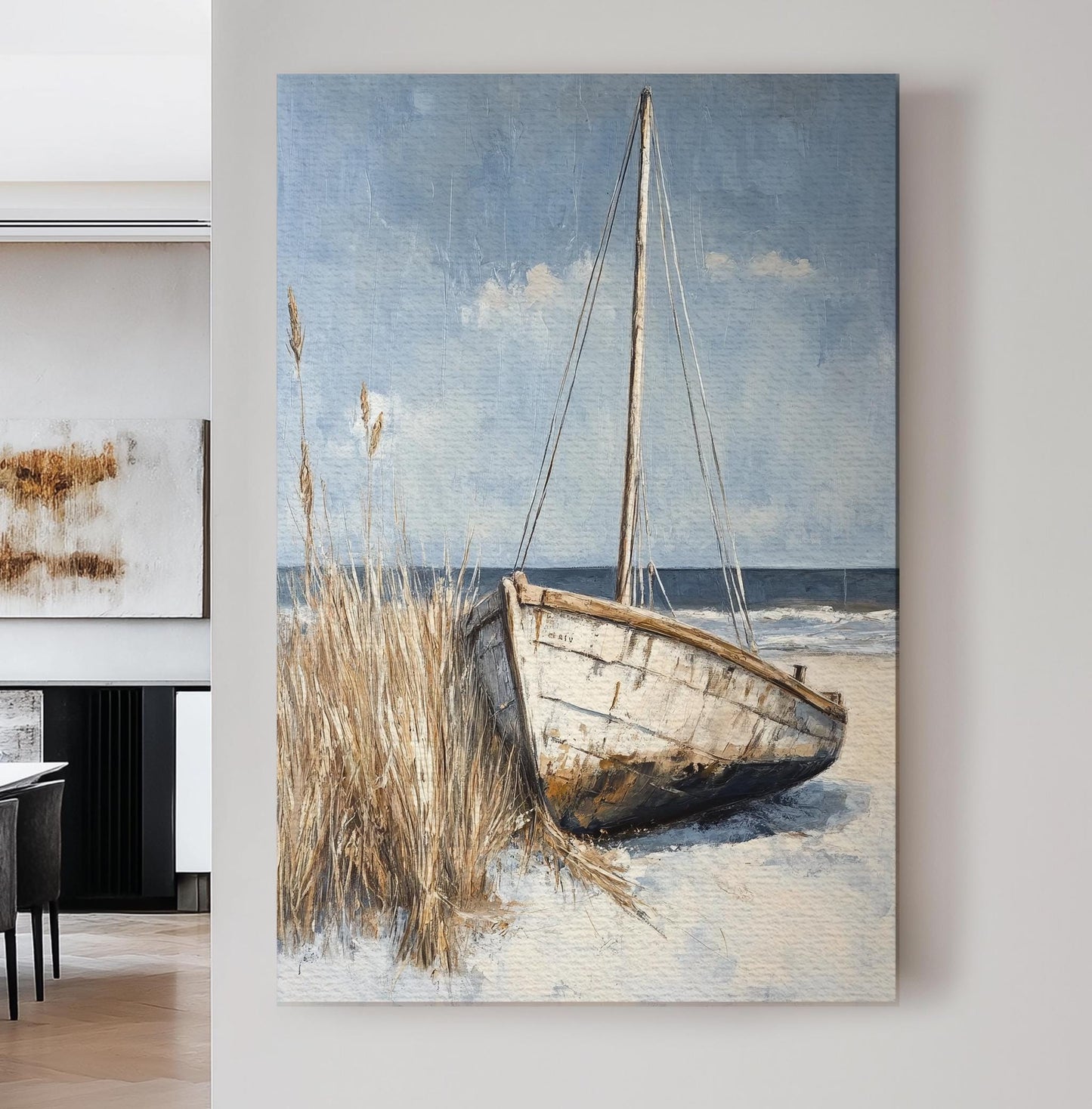 Seashore Boat Canvas Art | Impasto Textural Print | Coastal Farmhouse Wall Art For Living Room | Driftwood Grey Art Vertical Canvas