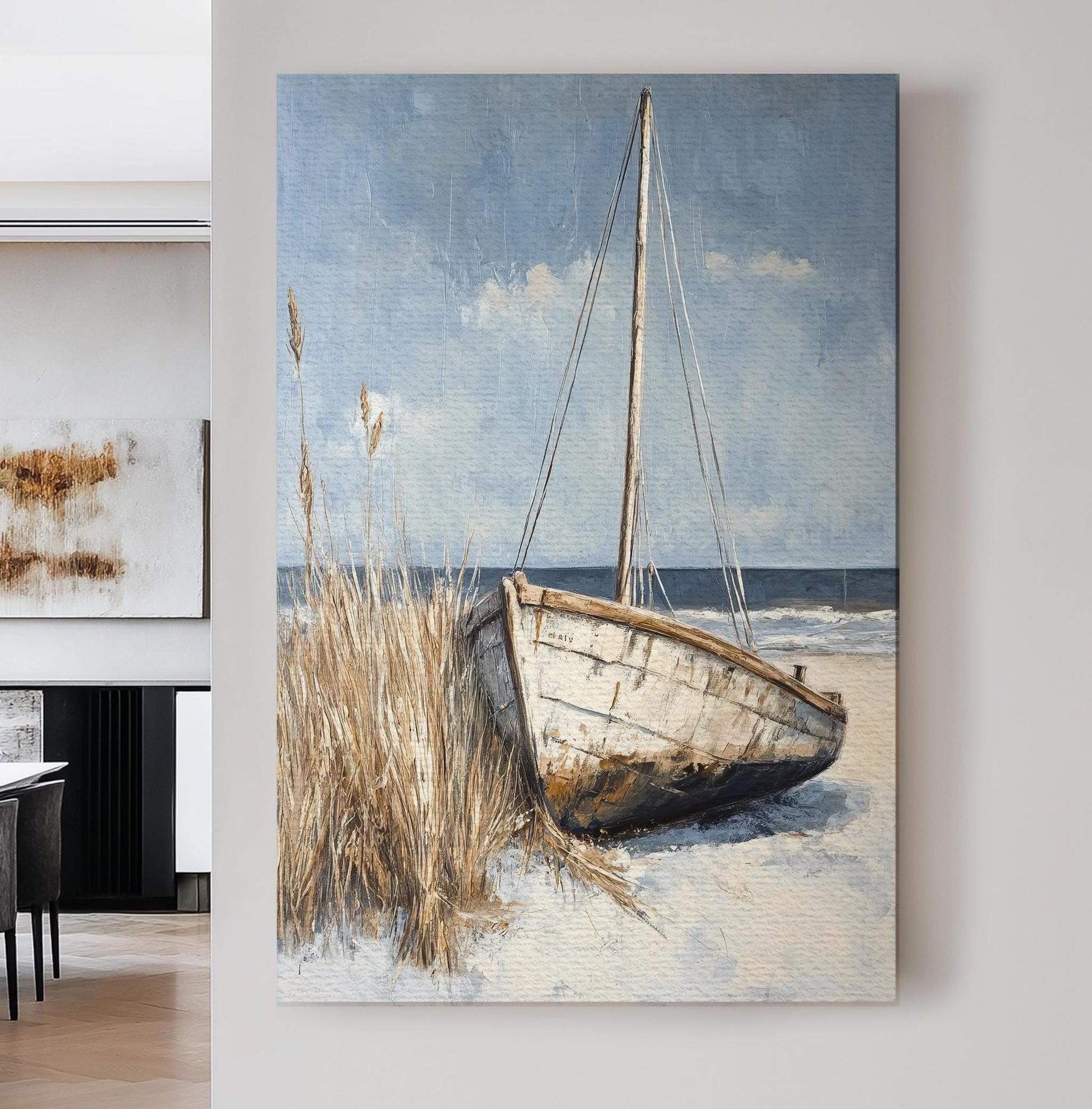Seashore Boat Canvas Art | Impasto Textural Print | Coastal Farmhouse Wall Art For Living Room | Driftwood Grey Art Vertical Canvas