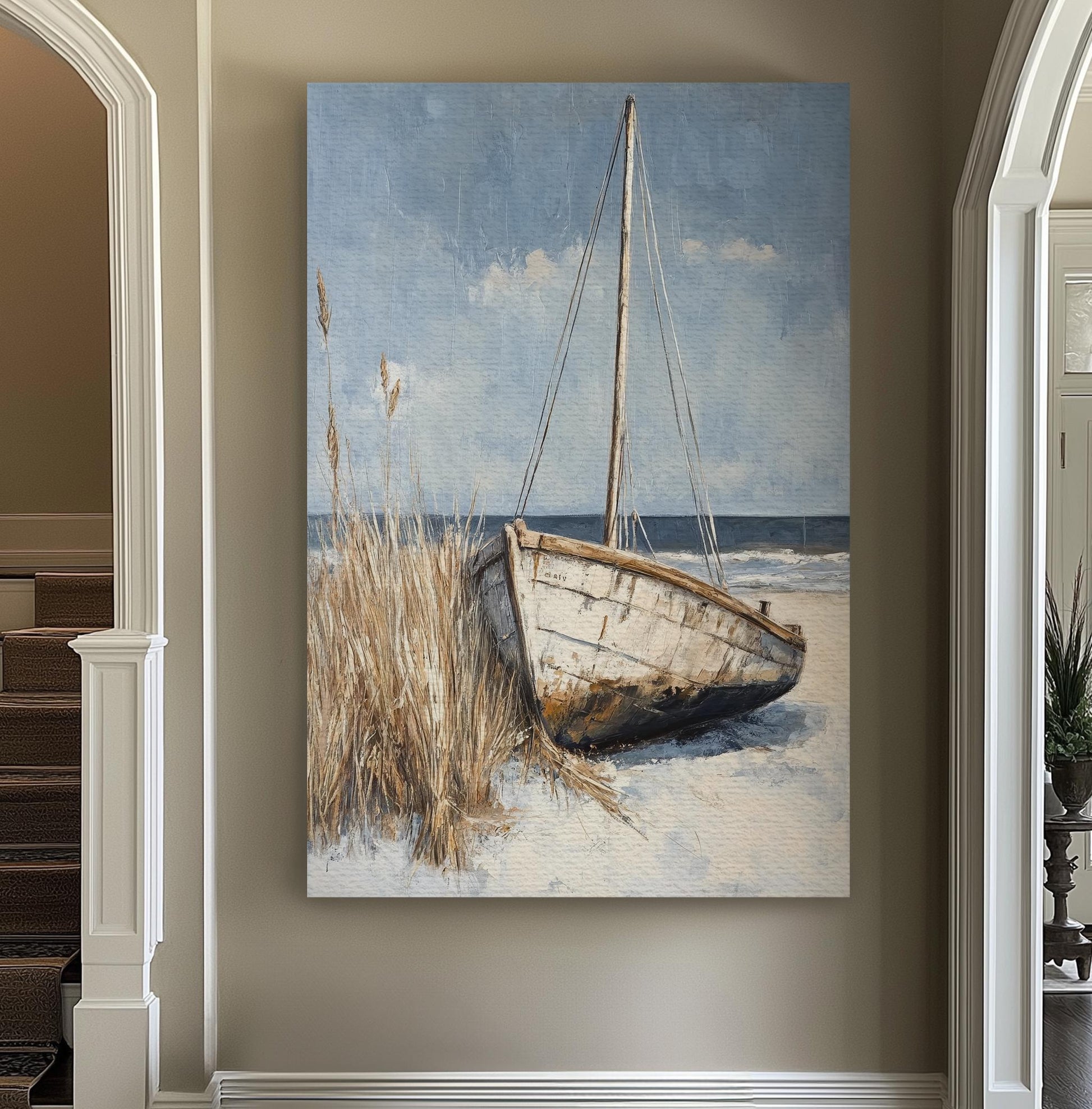 Seashore Boat Canvas Art | Impasto Textural Print | Coastal Farmhouse Wall Art For Living Room | Driftwood Grey Art Vertical Canvas