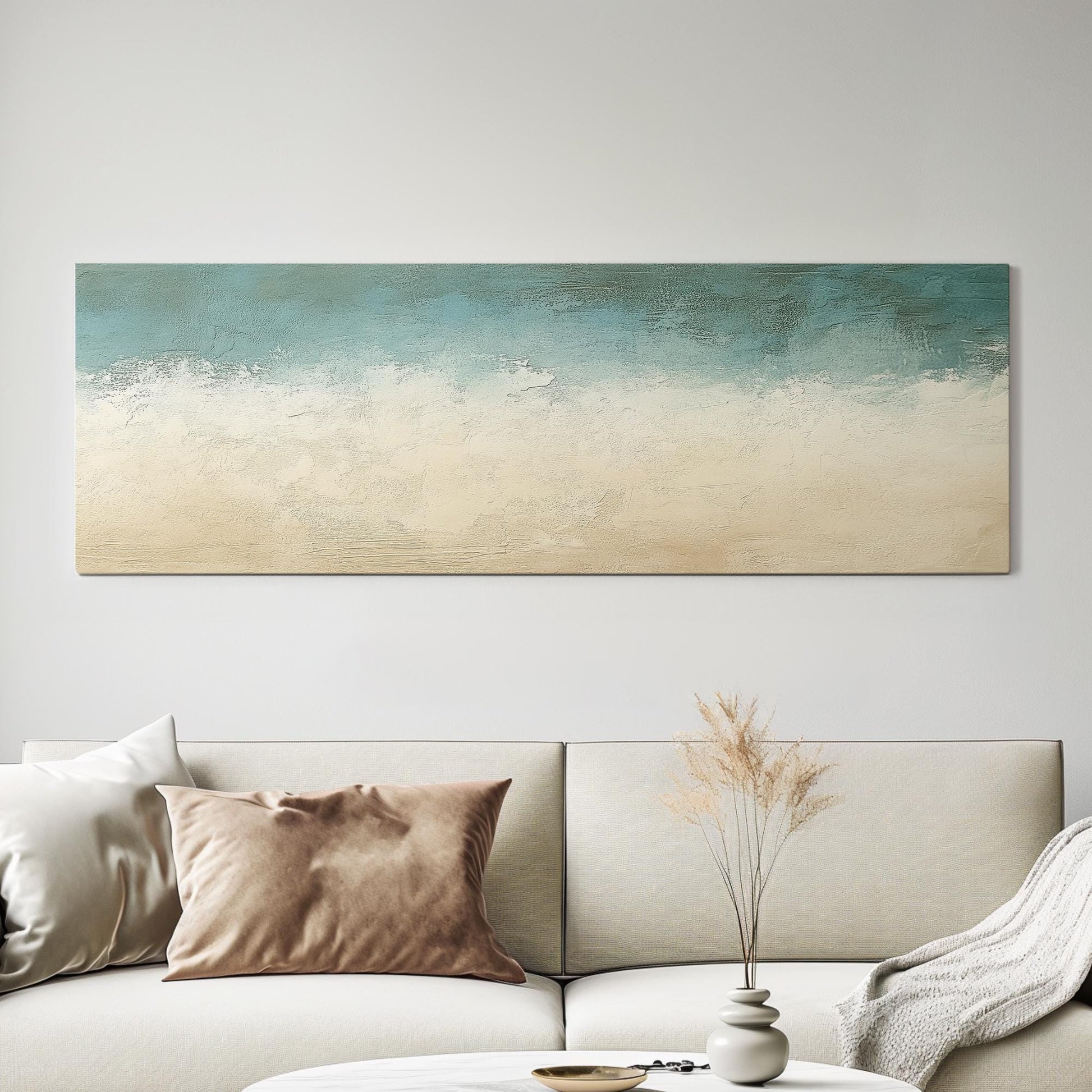 Seascape Textured Canvas Art | Impasto Palette Knife Print | Coastal Bohemian Wall Art For Living Room Panoramic Wall Art