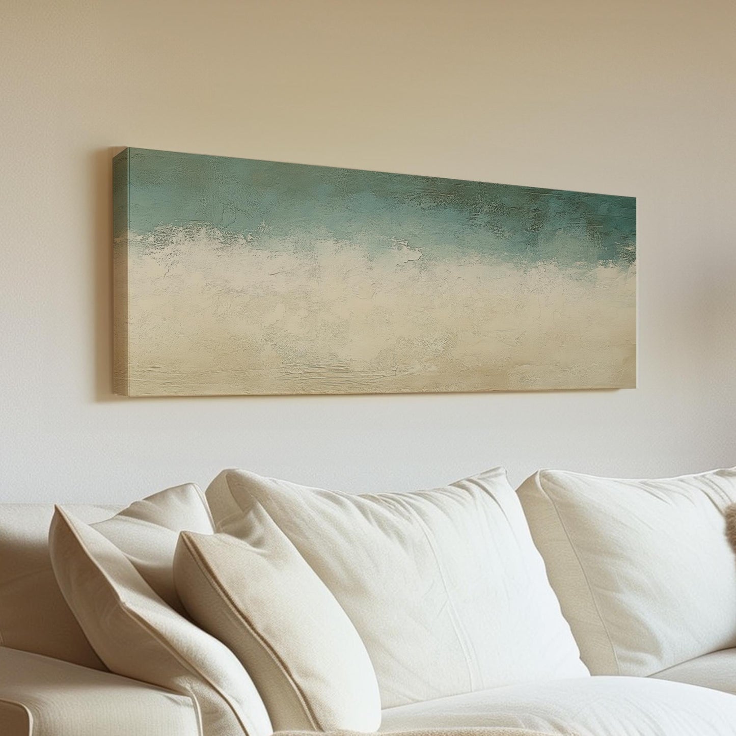 Seascape Textured Canvas Art | Impasto Palette Knife Print | Coastal Bohemian Wall Art For Living Room Panoramic Wall Art