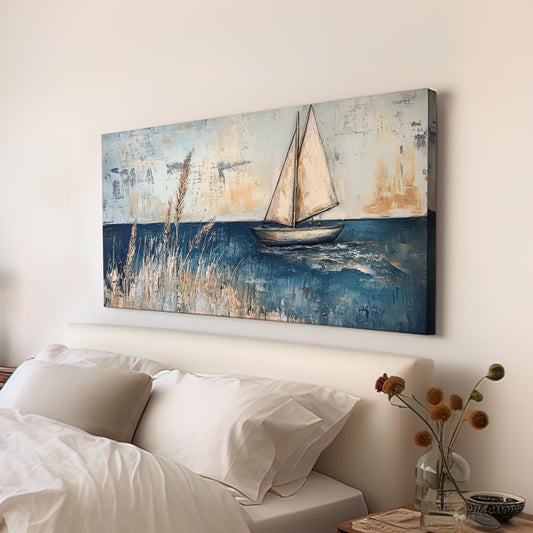 Seascape Sailboat Canvas Art | Impasto Textural Print | Coastal Farmhouse Wall Art For Living Room | Serene Blue Gray Art Horizontal Art